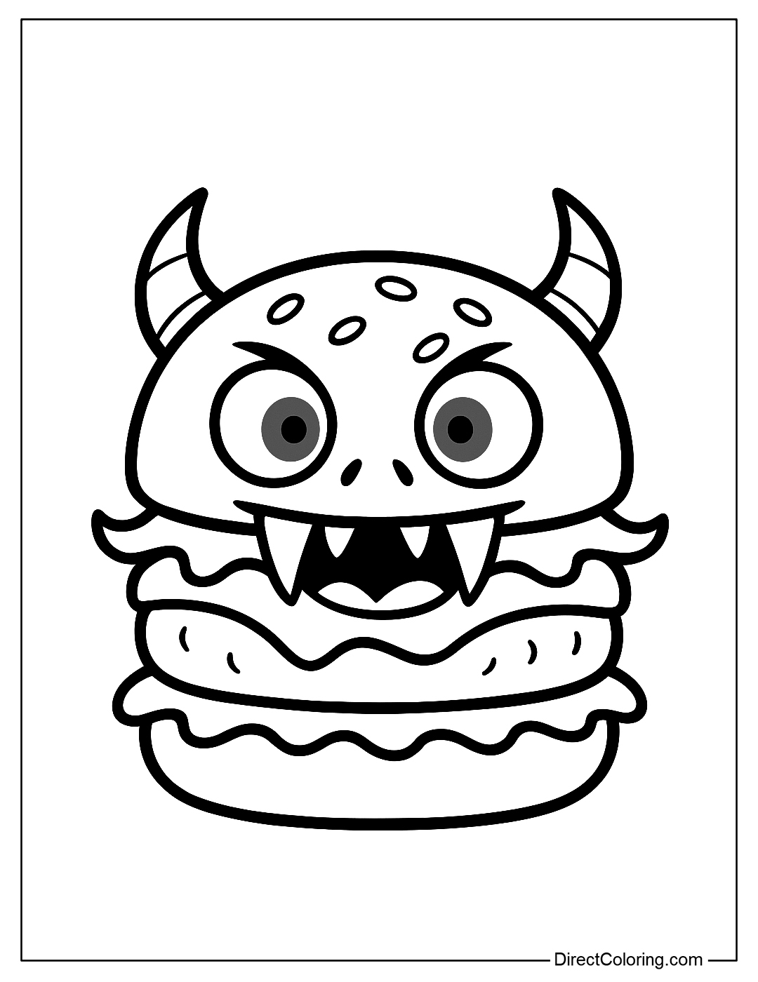 a coloring page of a hamburger with fangs, red eyes