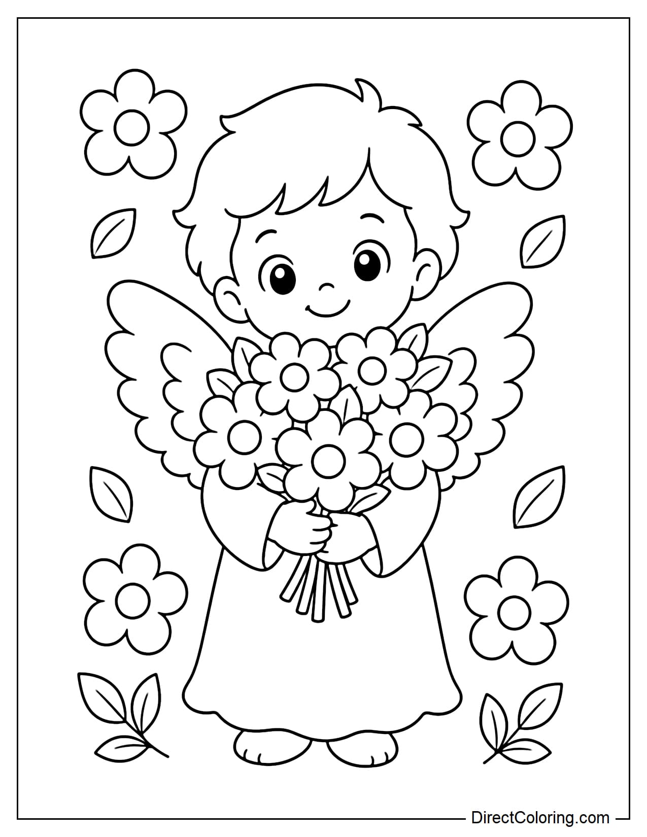 A little angel cradles a large bouquet of flowers, surrounded by simple leaves and blossoms.