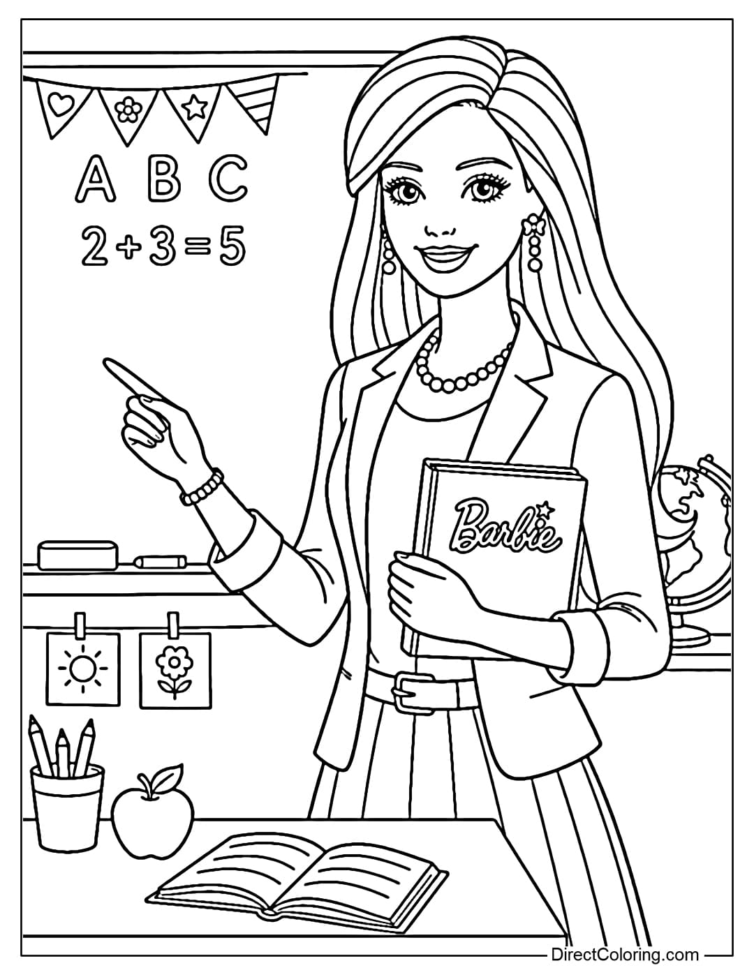 A coloring page of Barbie as a teacher teaching in front of the classroom whiteboard.