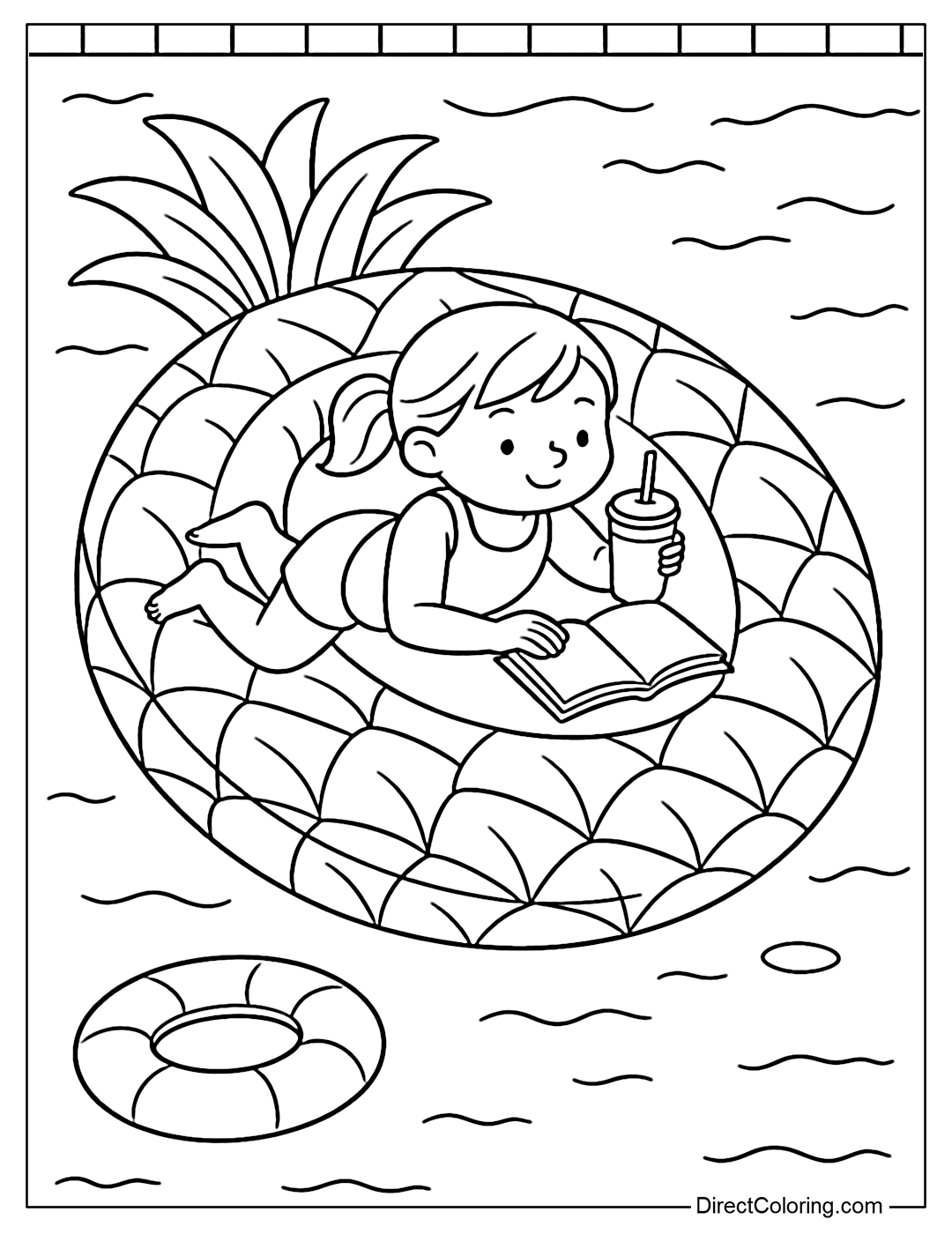Coloring page of giant pineapple float in the pool, kids lying down reading books drinking smoothies.