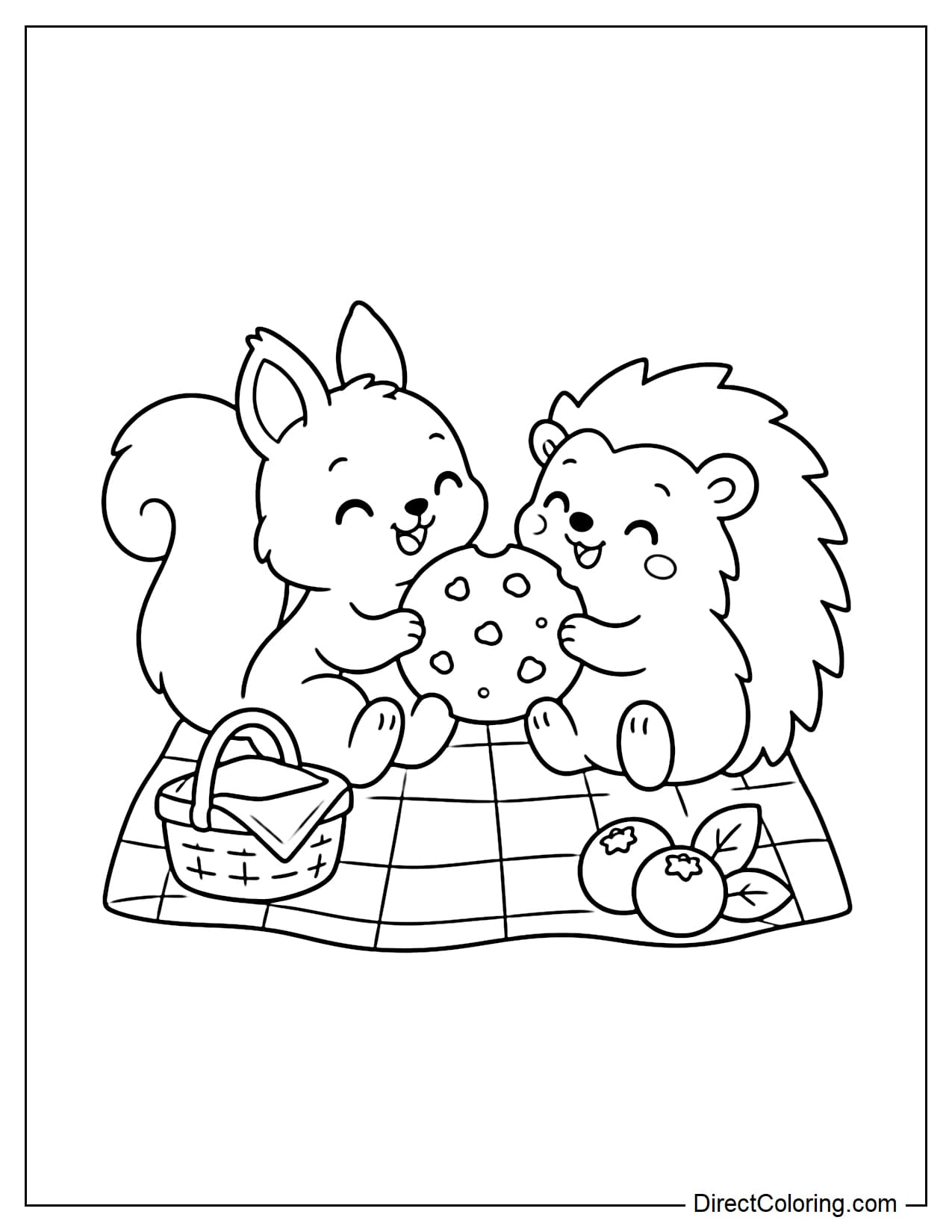 A cute squirrel and hedgehog sitting across from each other on a small picnic blanket and sharing a large cookie, with a little basket and two large berries beside them.