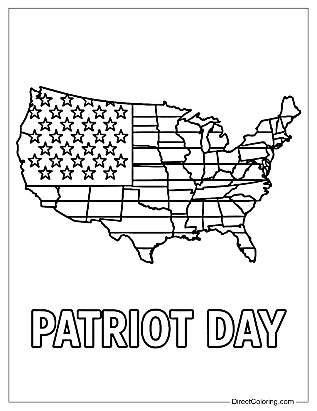 Coloring page of a map of the United States with clearly outlined states, covered with an American flag pattern inside, symbolizing unity.