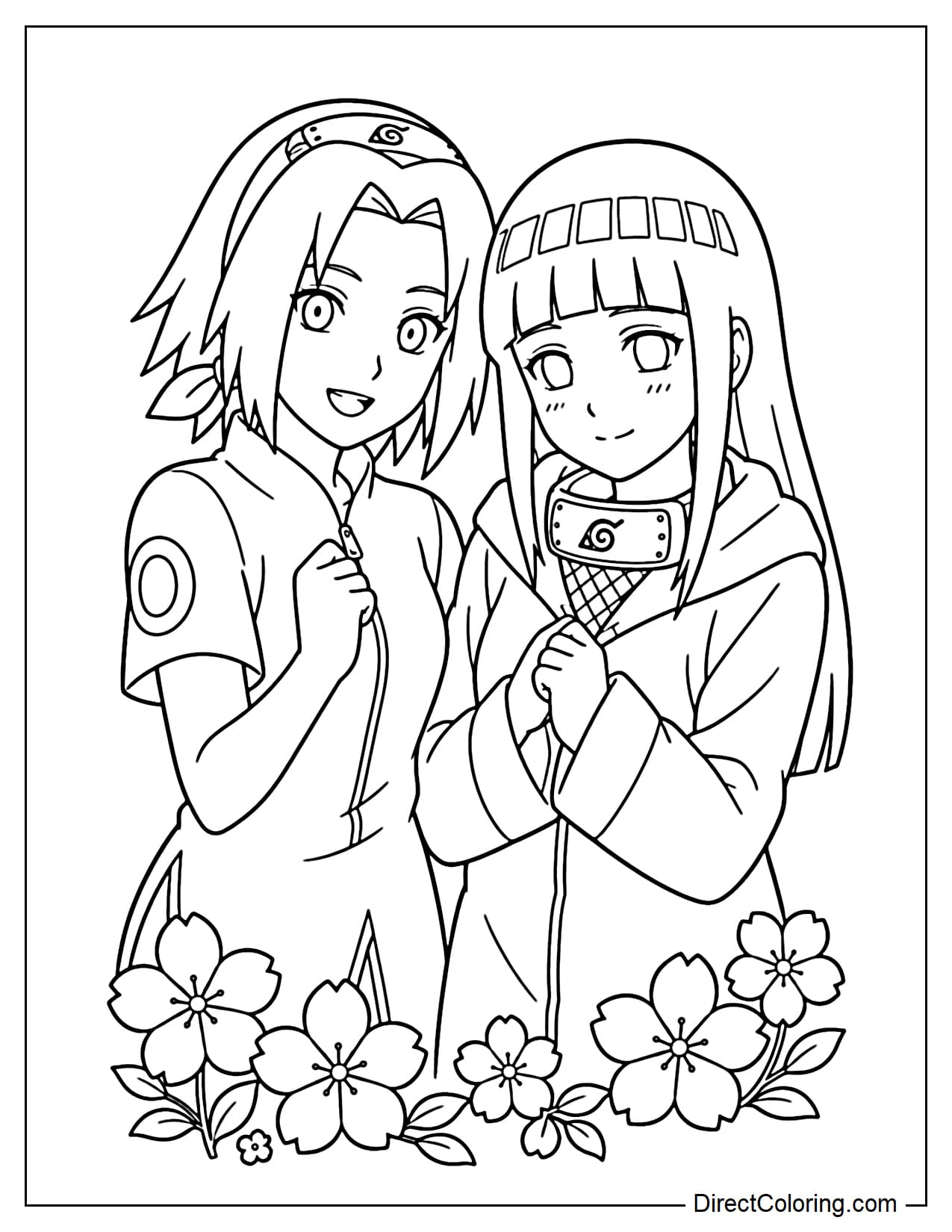 Sakura and Hinata Hyuga stand close together with friendly expressions, with a few flowers below.