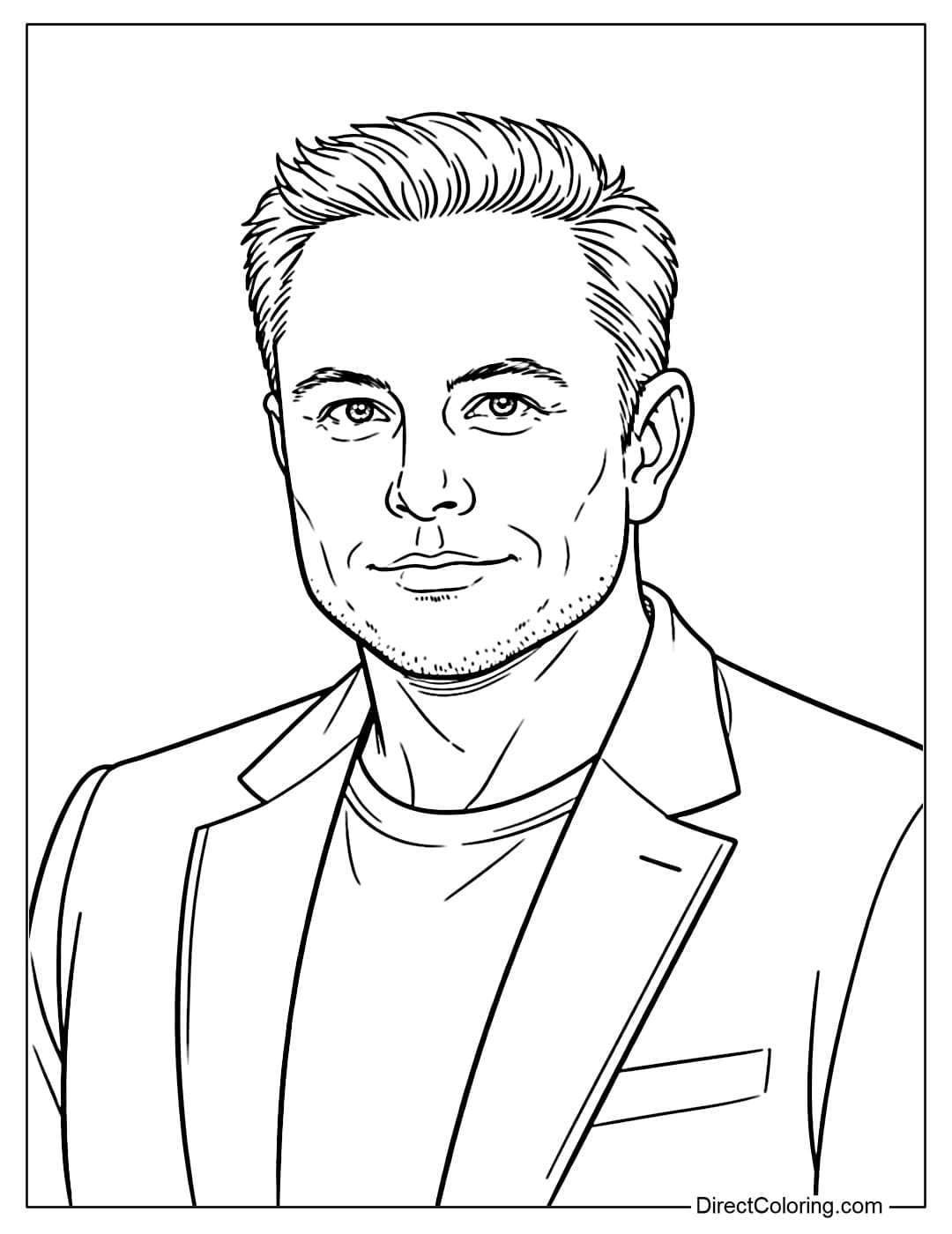 A coloring page of Elon Musk's portrait, with a confident expression and a direct gaze.