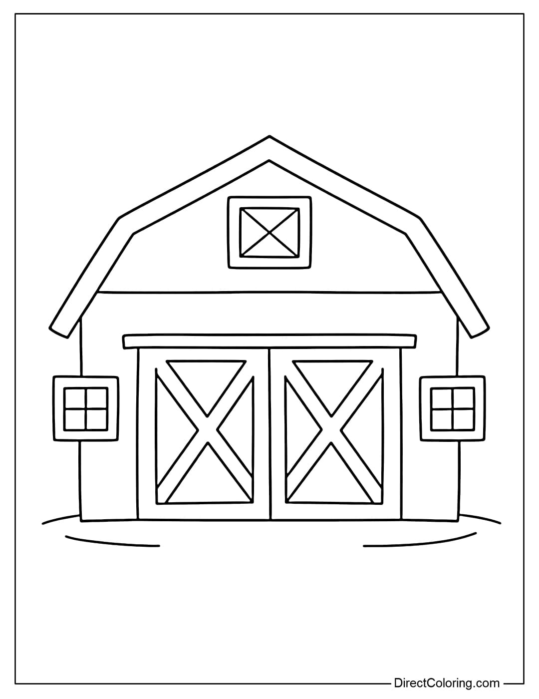 Coloring page of a barn viewed from the front with a large door and a simple triangular roof.