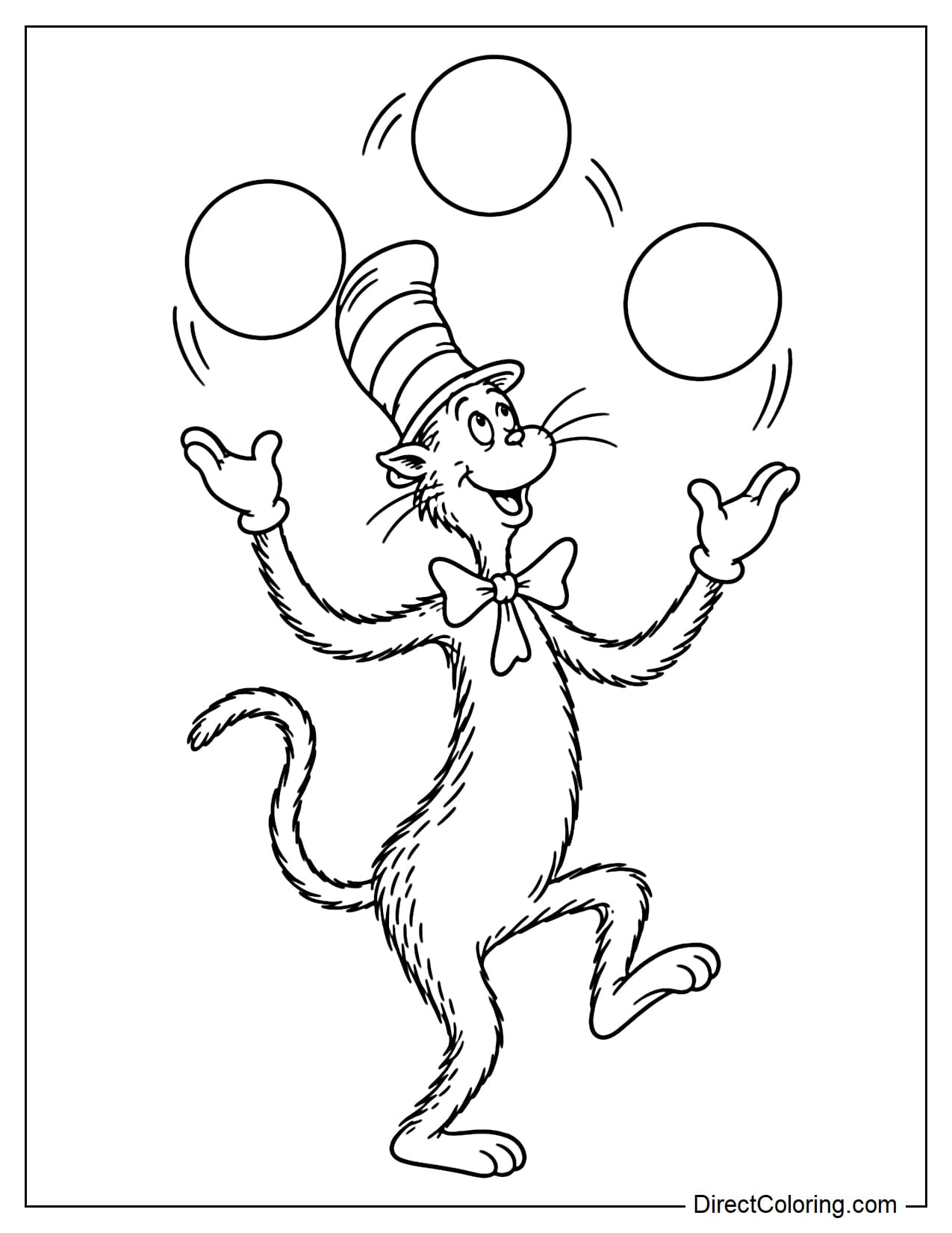 The Cat in the Hat juggles three large round balls above his head, raising both hands and watching the balls while lifting one foot slightly off the ground.