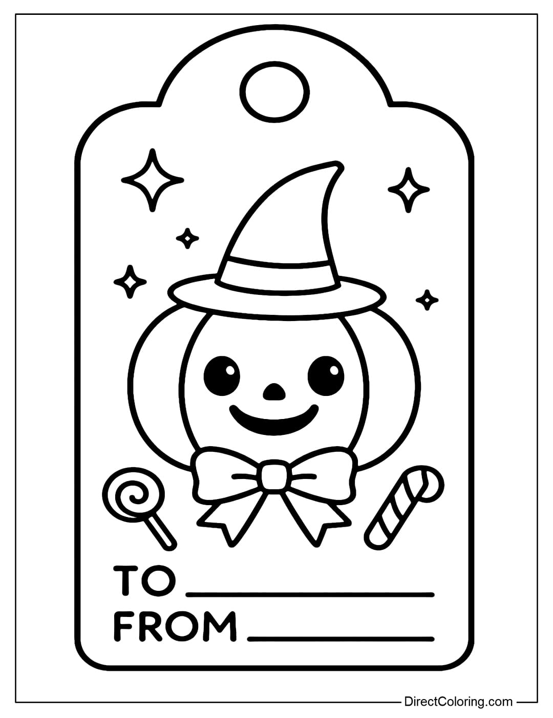 A pumpkin-shaped candy tag coloring page decorated with a cute bow and surrounded by stars.