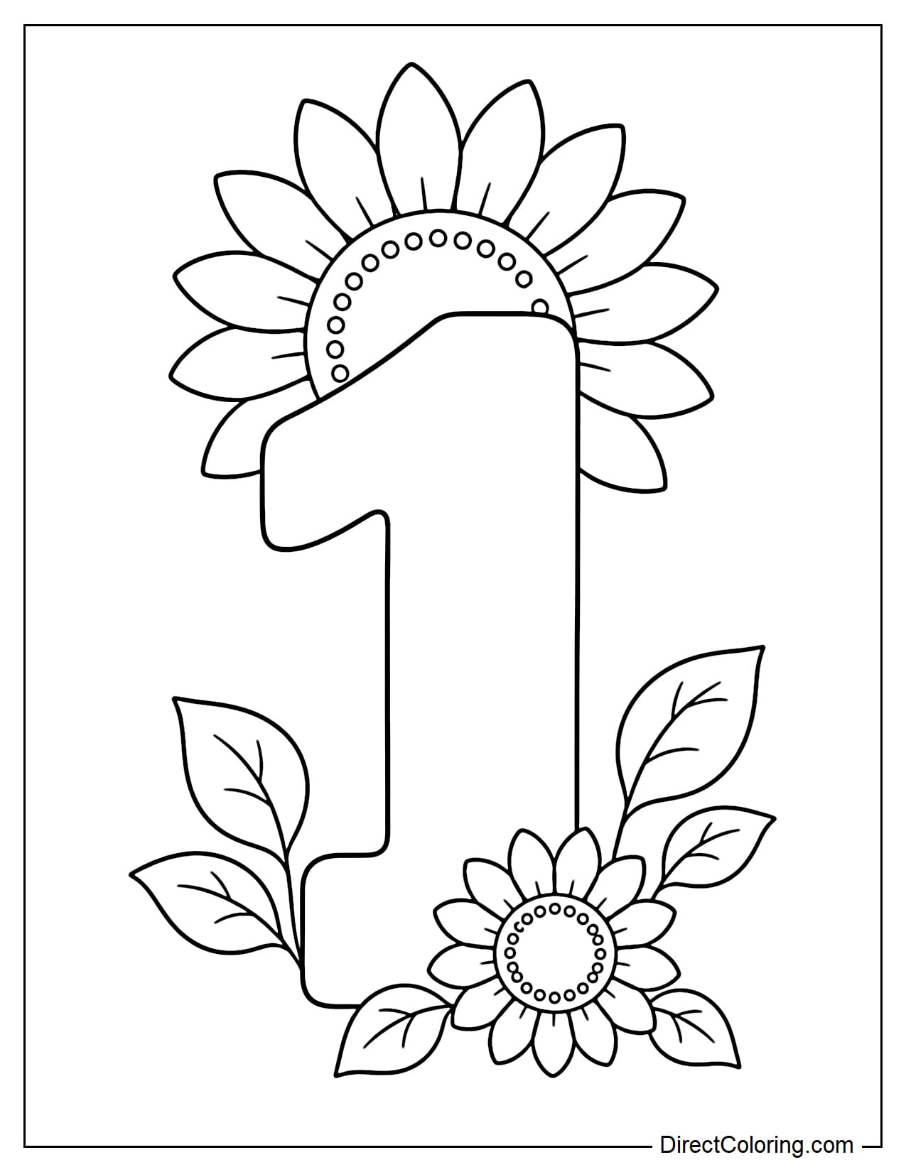 A simple, large number 1, with a sunflower peeking out from behind the top of the number, and a small, slightly off-center sunflower in front of the number's base, interspersed with a few simple leaves.