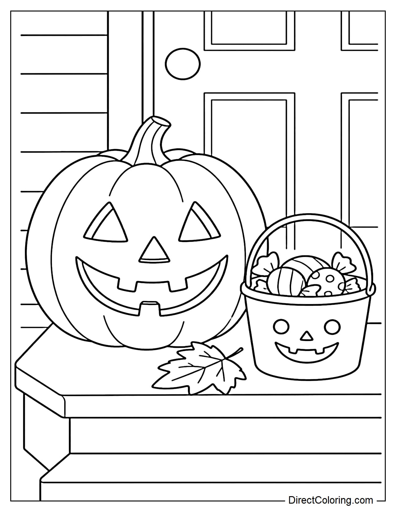 A large jack-o'-lantern placed on the porch steps in front of a Halloween house, with a trick-or-treat bucket holding a few large candies and one autumn leaf beside it.
