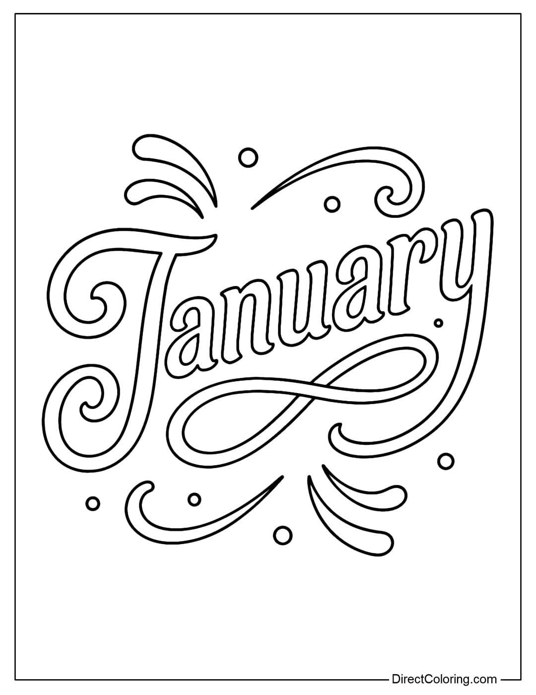 A coloring page with the word January artistically curved like a silk ribbon.