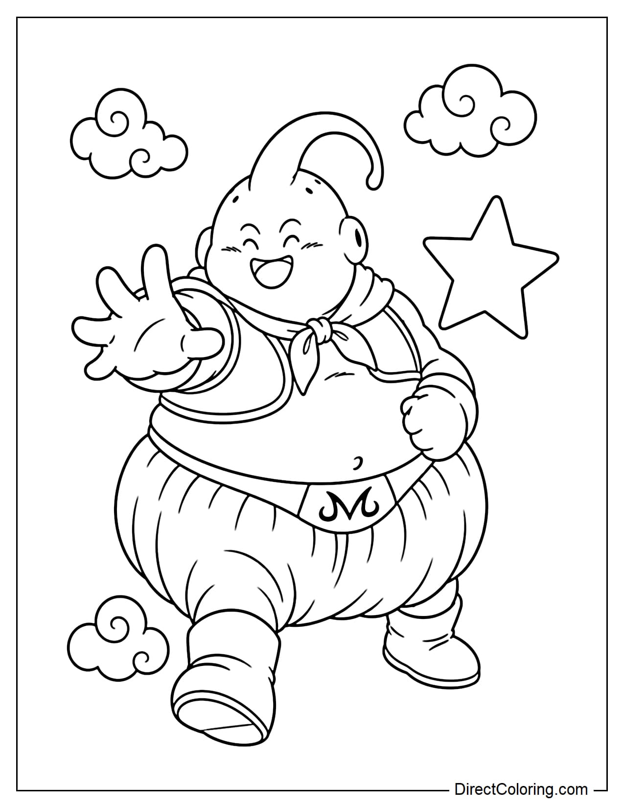 Majin Buu, with his large, round body, wearing a short vest and baggy pants, is stepping forward with a big smile, one hand outstretched in a playful pose, with some swirling clouds and a large star beside him.