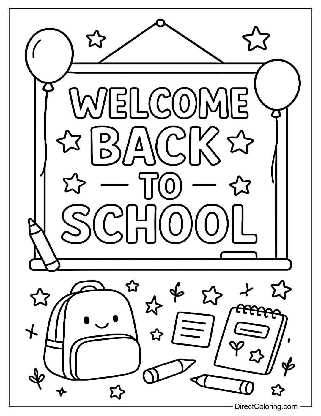 Coloring page with the words Welcome Back to School hanging on a board, decorated with stars and balloons.