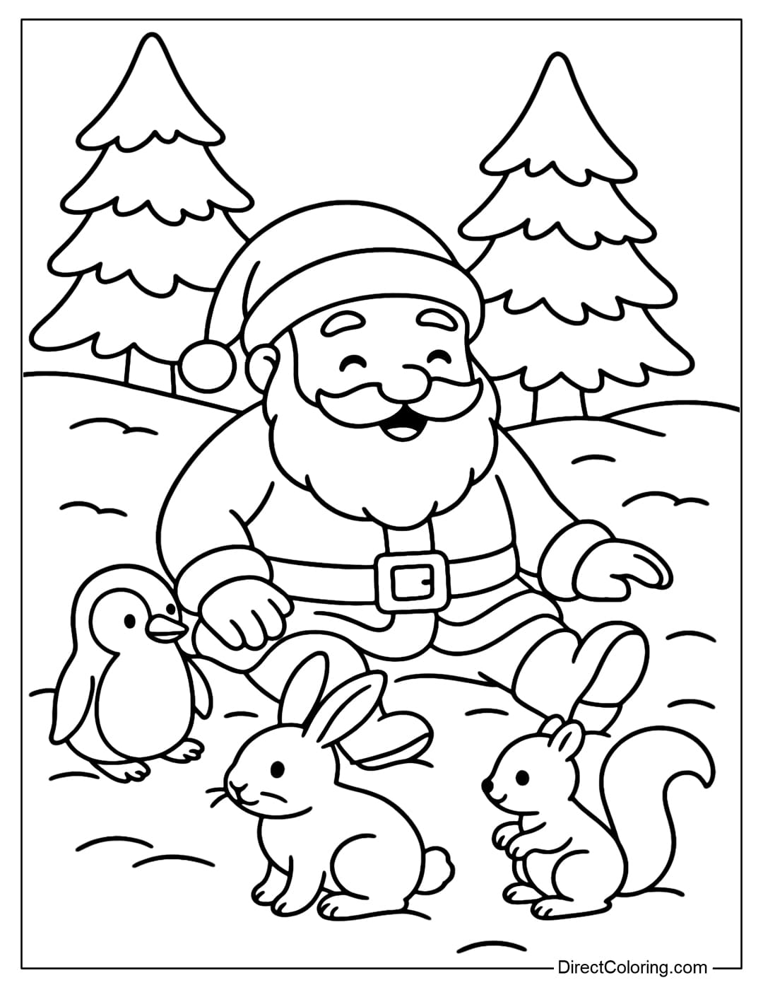 Santa with Winter Animals Coloring Page Coloring page Santa sitting in the snow, playing with penguins, snow bunnies and squirrels.