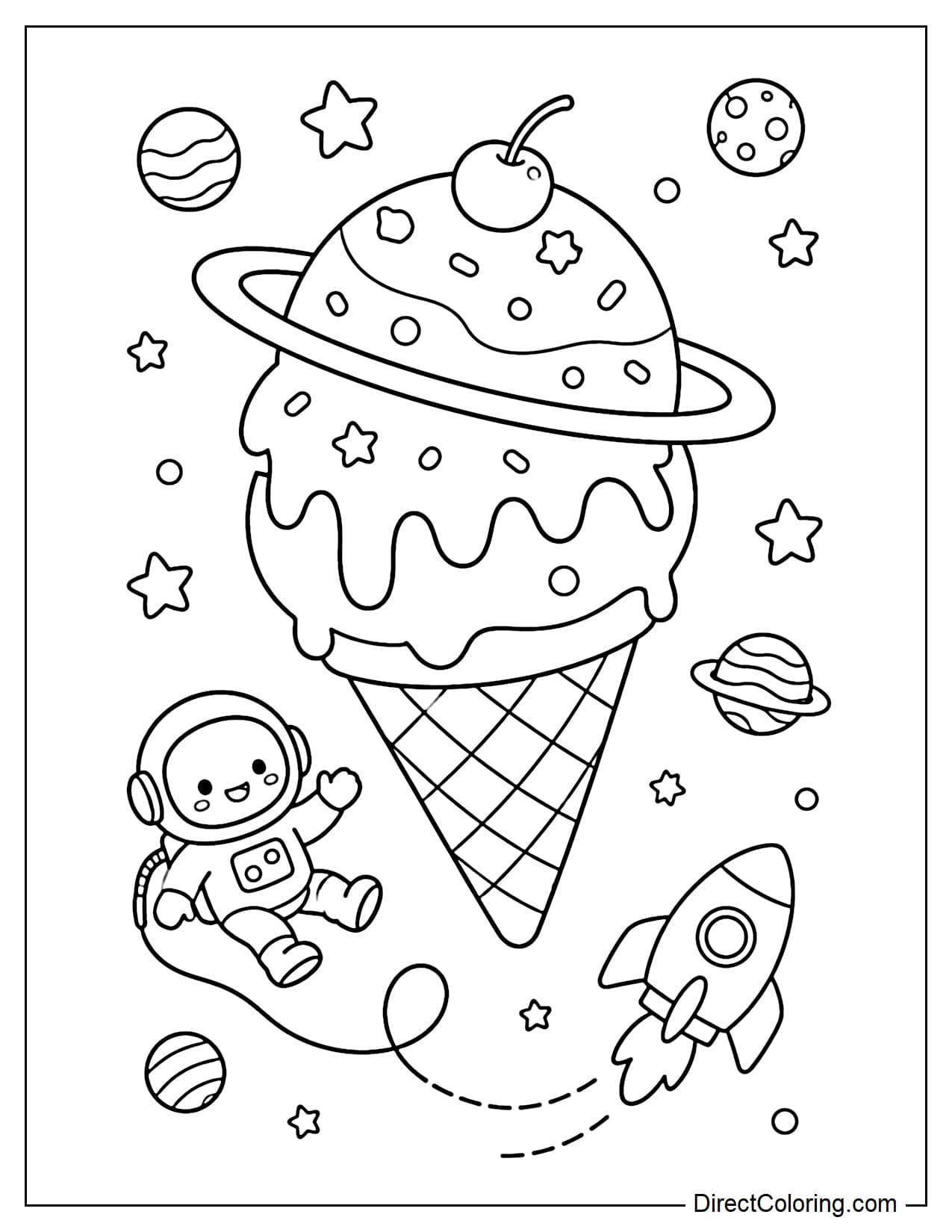 A giant ice cream-shaped planet with a small astronaut flying around, complete with stars, mini planets, and a spaceship.