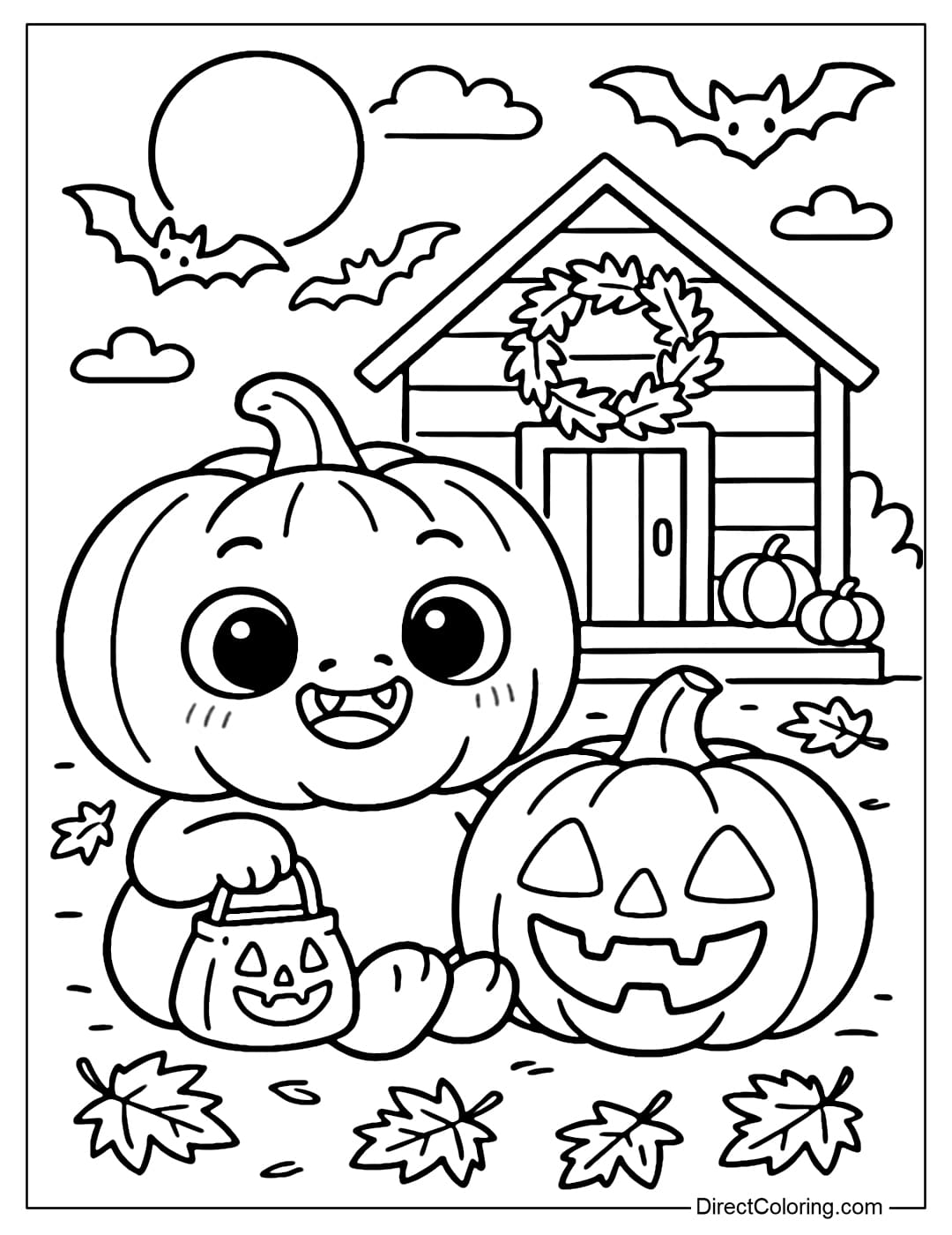 A pumpkin monster coloring page with cute round eyes, holding candy, sitting next to a Halloween lantern, not too scary.