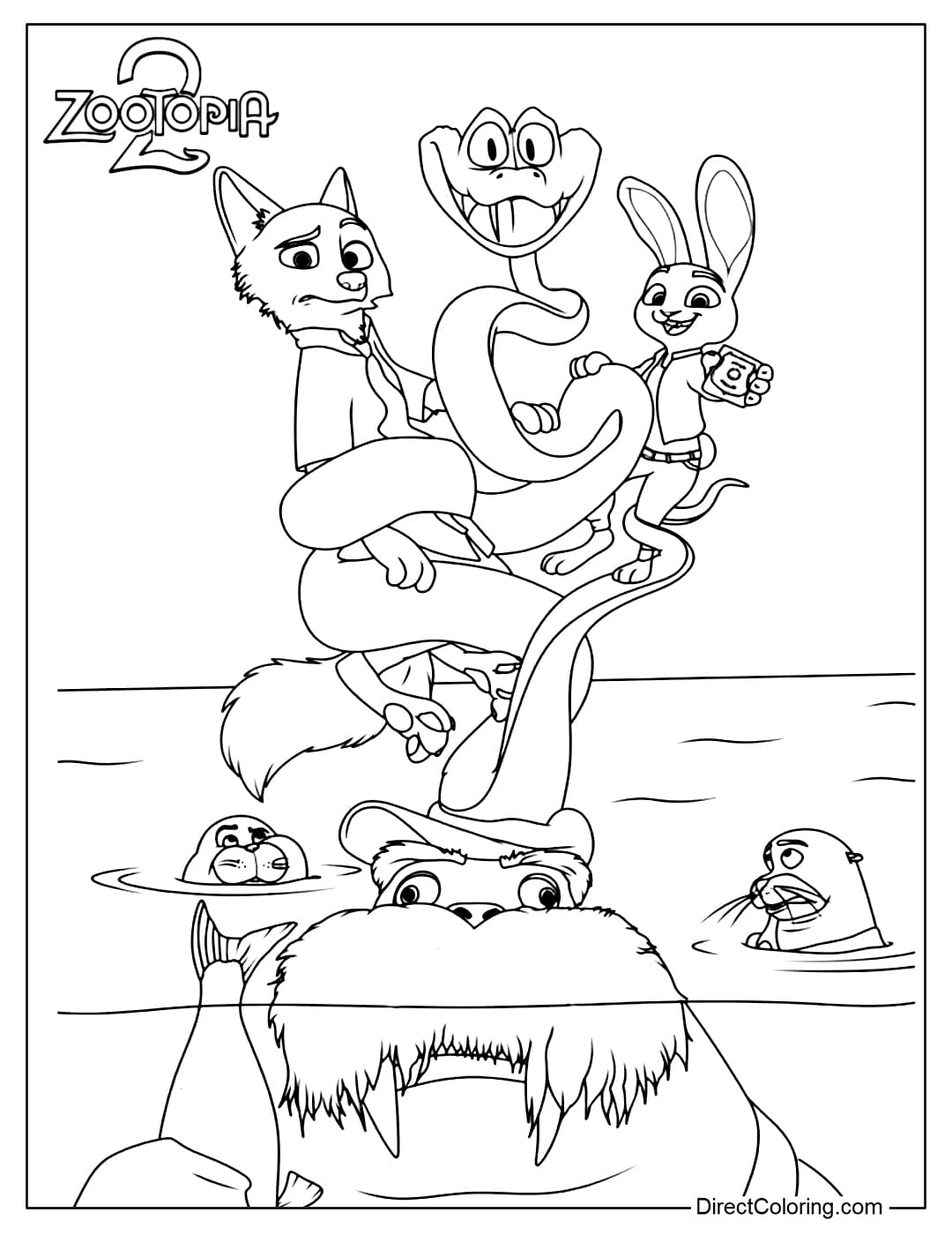 A coloring page of the Zootopia 2 poster, a vibrant adventure in the world of Zootopia, where characters face dangerous but hilarious situations.