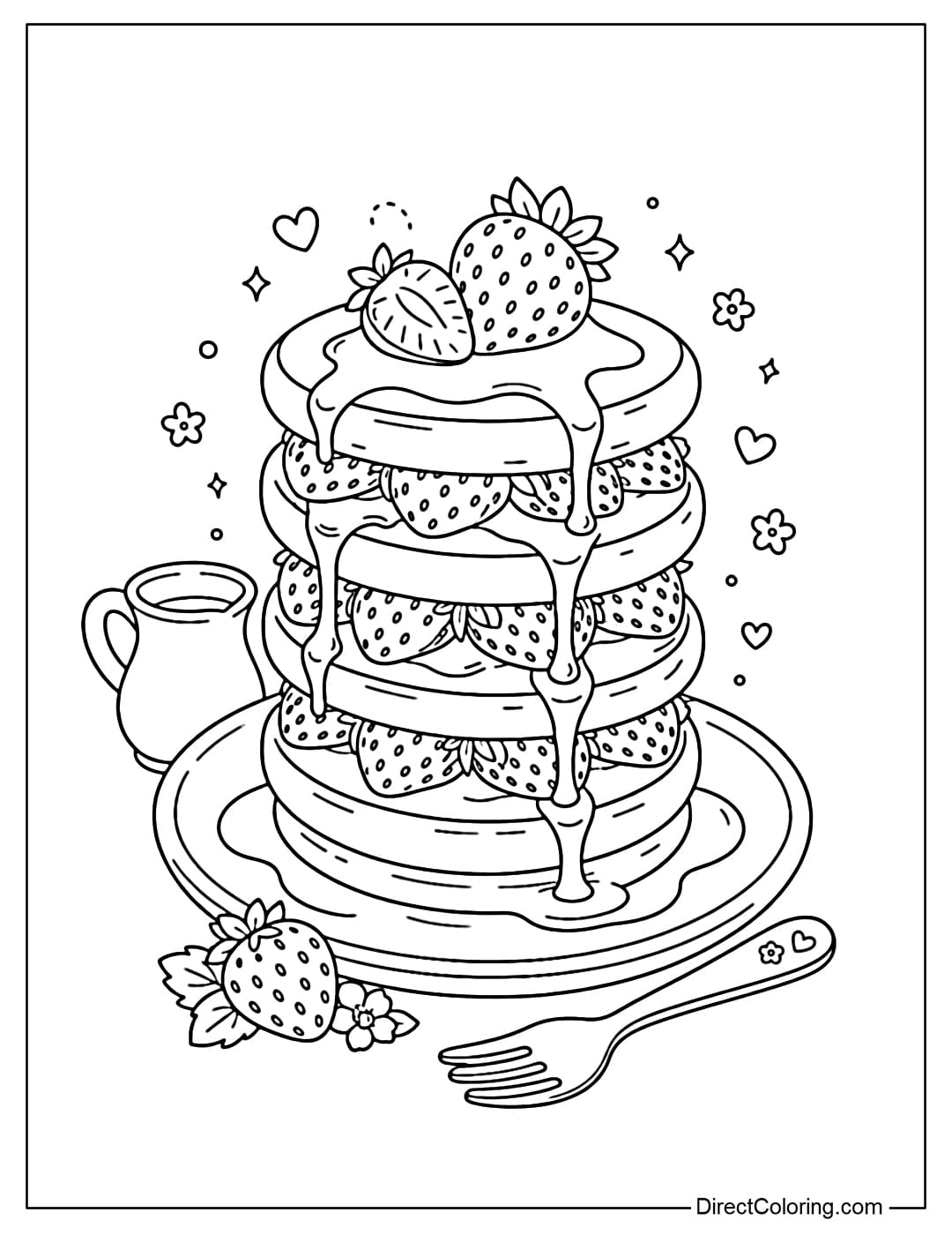 Coloring page of a stack of pancakes with gently flowing syrup and strawberries placed between the layers.