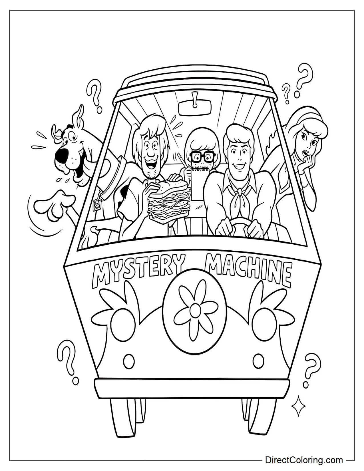 The Mystery Inc. group is riding together inside the Mystery Machine. Scooby-Doo is sticking his head out of the car window, Shaggy is holding a large sandwich, Fred is holding the steering wheel, Velma is holding a notebook, and Daphne is looking outside the window.