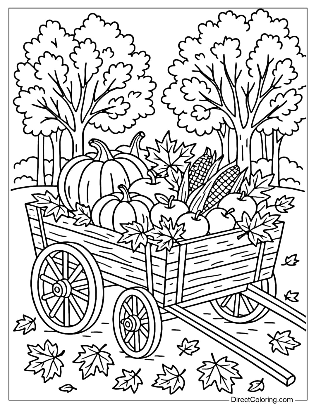 A wooden wagon filled with pumpkins, corn, apples and autumn leaves, with a golden autumn tree in the background