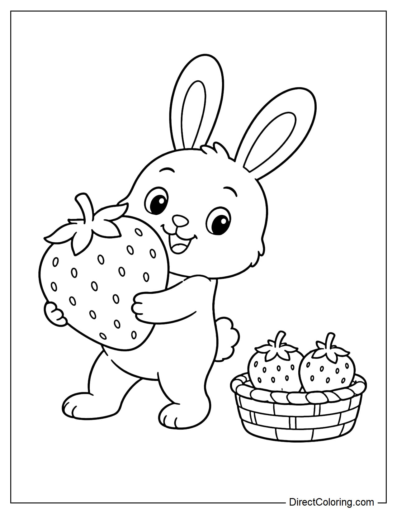 A small rabbit hugs a strawberry almost as large as its body, leaning slightly backward from its weight. A small basket with two strawberries sits nearby.