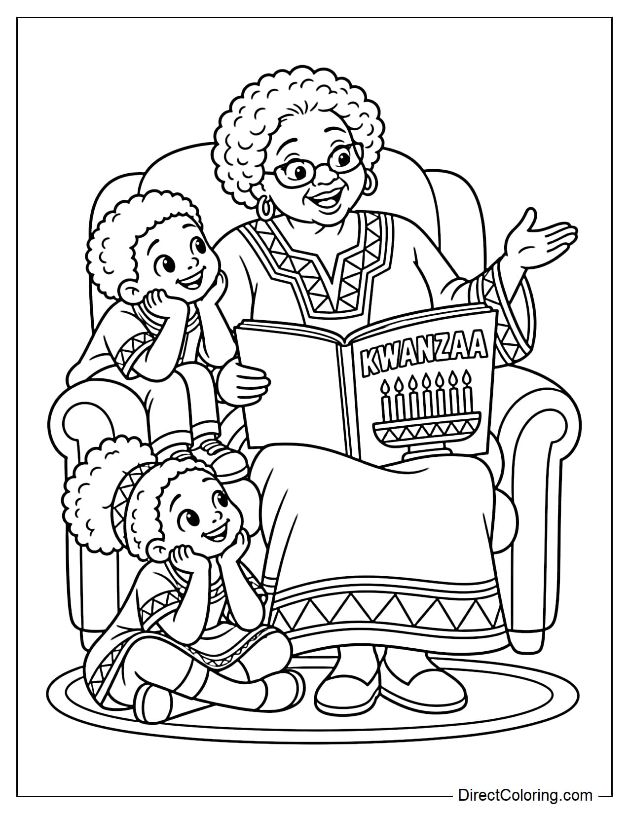 An African American grandmother sits in a chair, reading a Kwanzaa storybook to her two grandchildren, who listen attentively beside her.