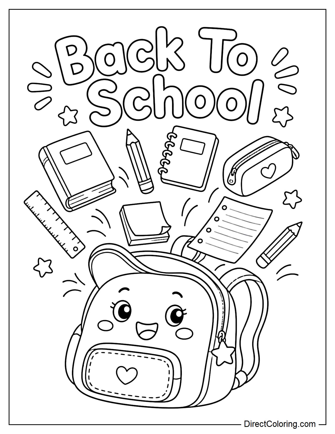 A cute smiley-face backpack opens slightly, and books, pencils, a ruler, a pencil case, sticky notes, and the words 