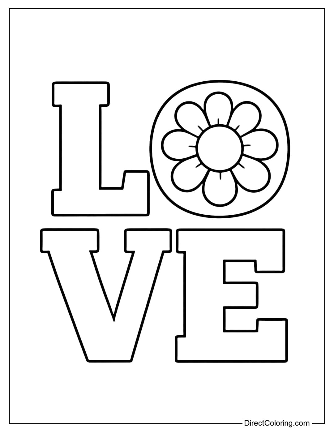 A coloring page for the word LOVE, with a simple round flower with a large center inside the letter O.