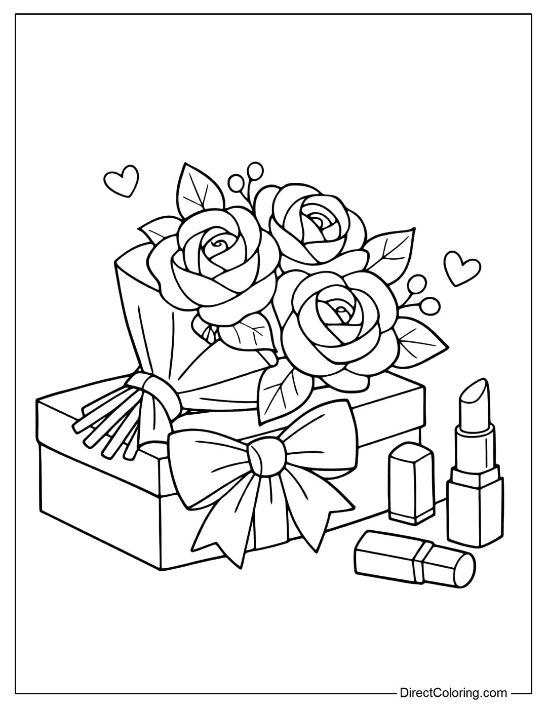 Coloring page for a rose bouquet placed on a rectangular gift box with a large bow on the front.