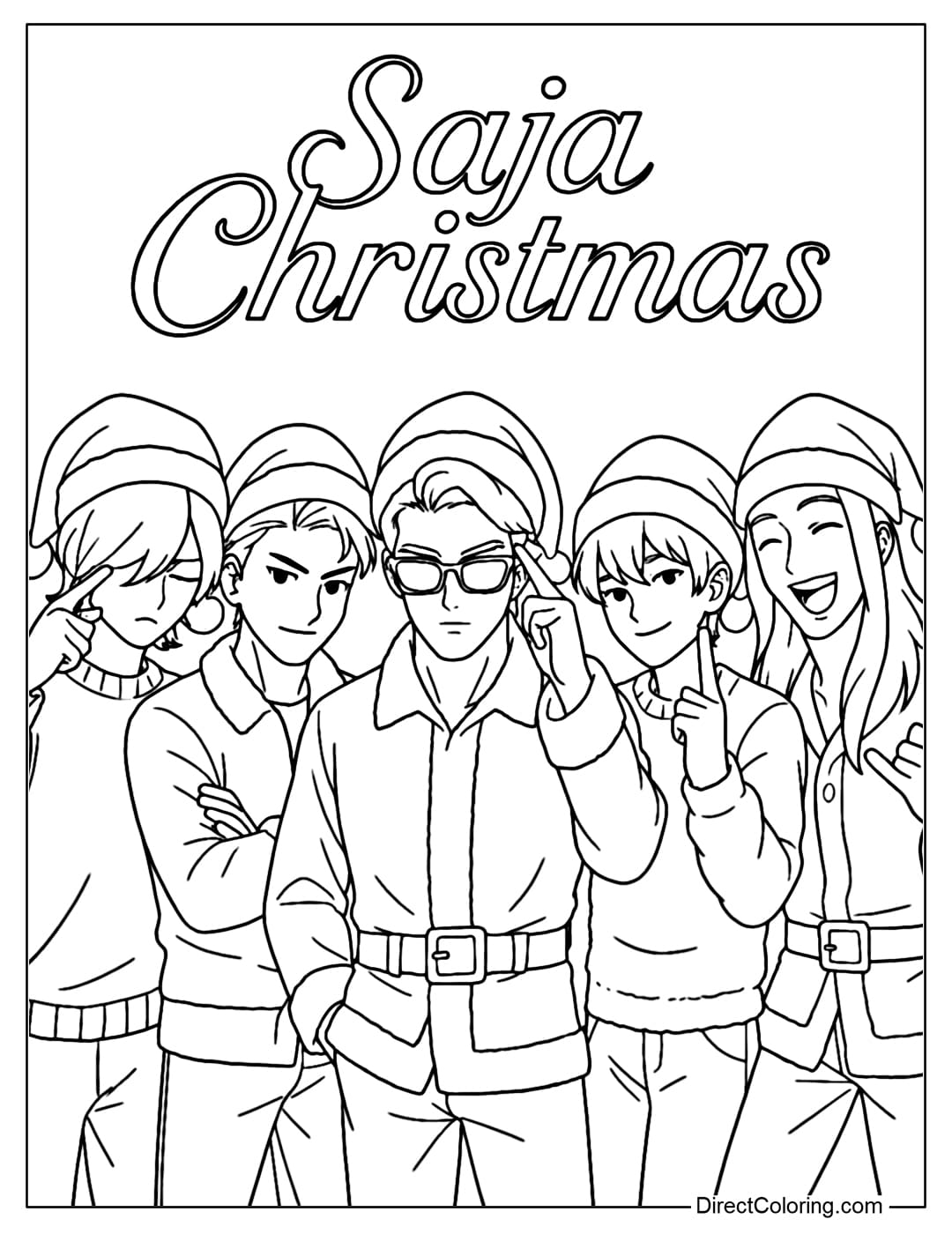 Baby Saja coloring page wearing a beret and scarf, making a heart shape with both hands, wearing a plaid shirt.