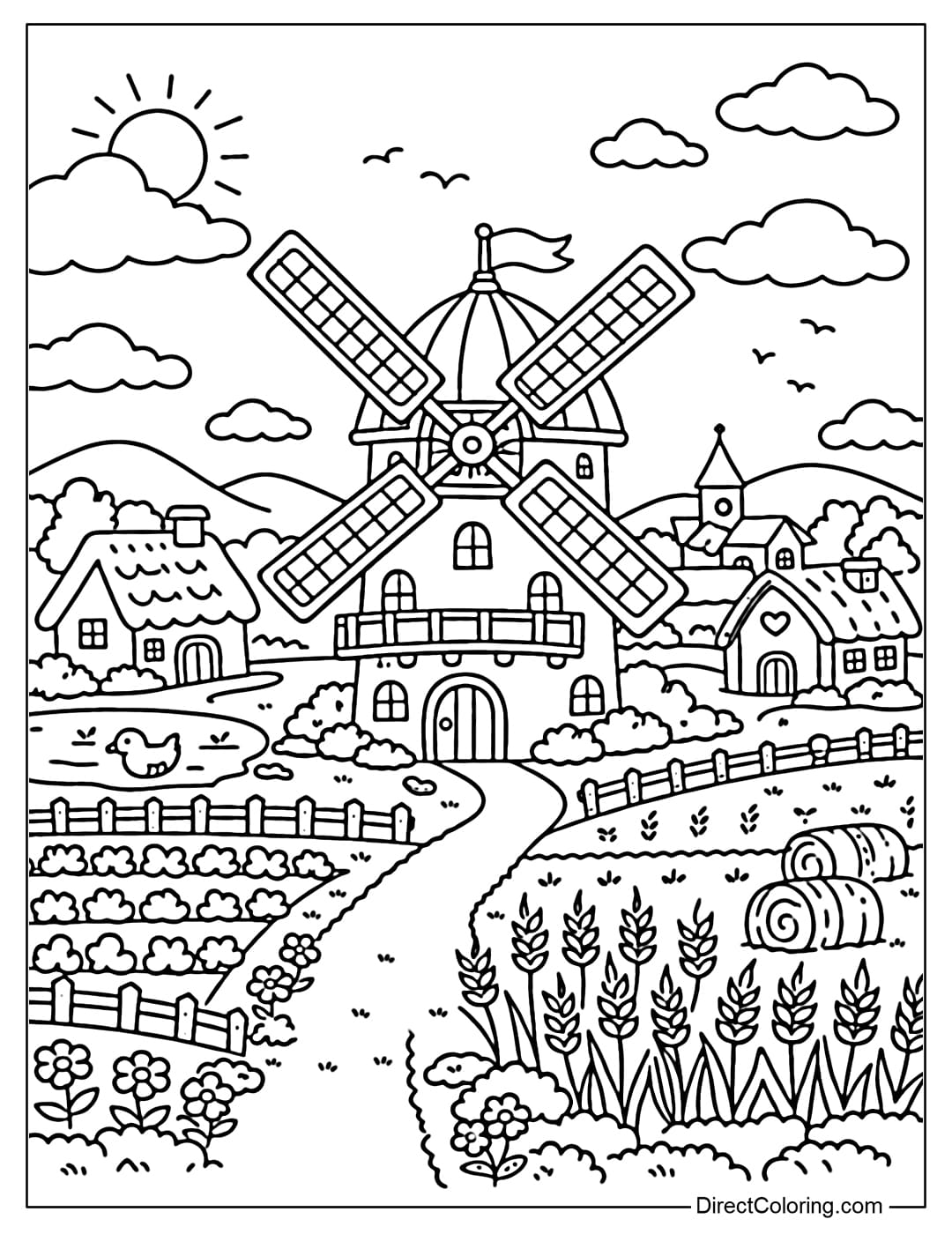 This coloring page shows a village with a windmill standing in the middle of a wide field.
