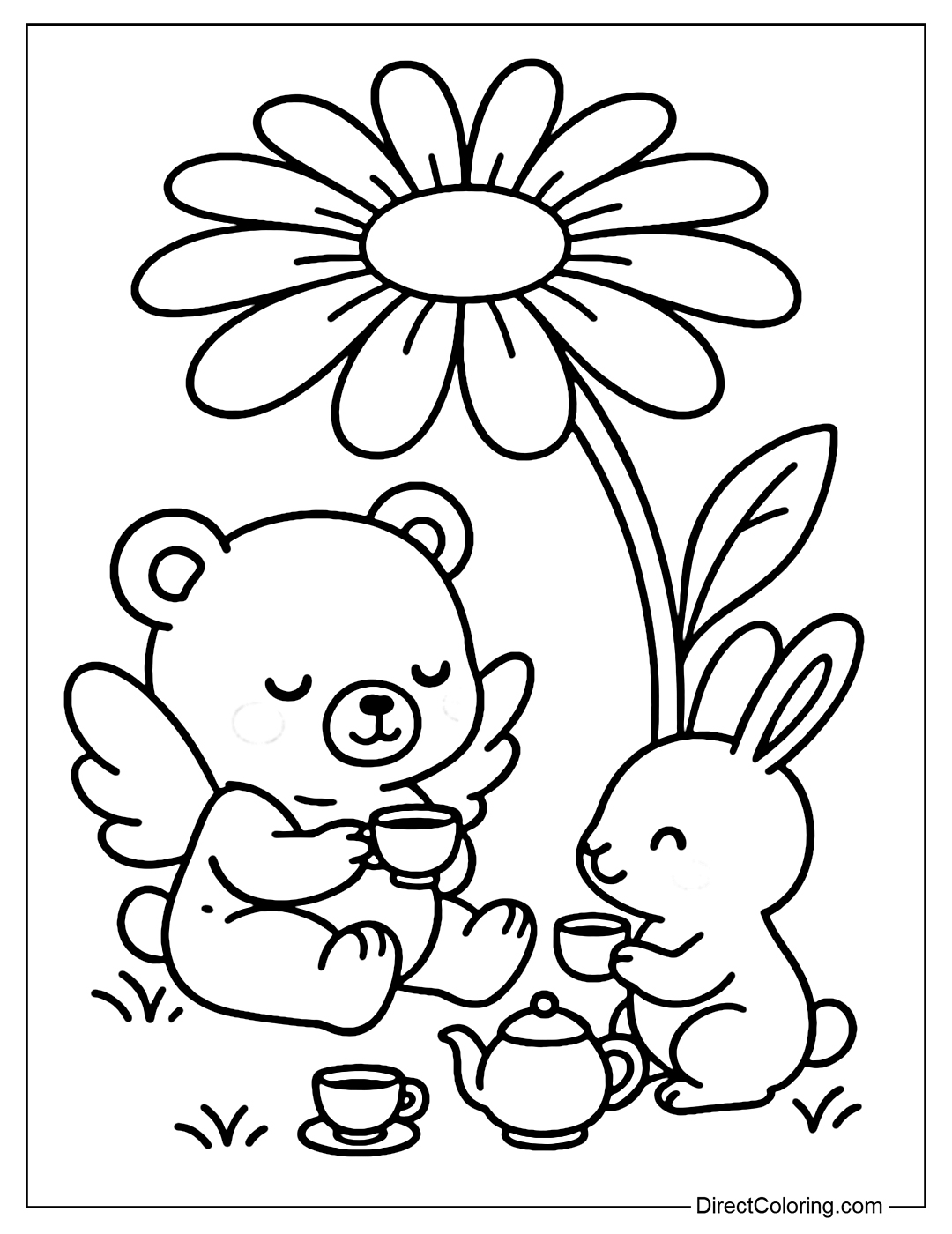 Coloring page of a bear with fairy wings, lying in the shade of a large daisy, drinking tea with his rabbit friend.