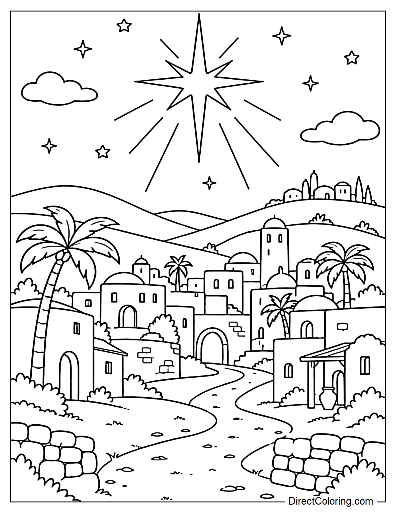 The peaceful town of Bethlehem with small stone houses nestled among the hills, beneath the large Star of Bethlehem with rays of light shining down over the town.