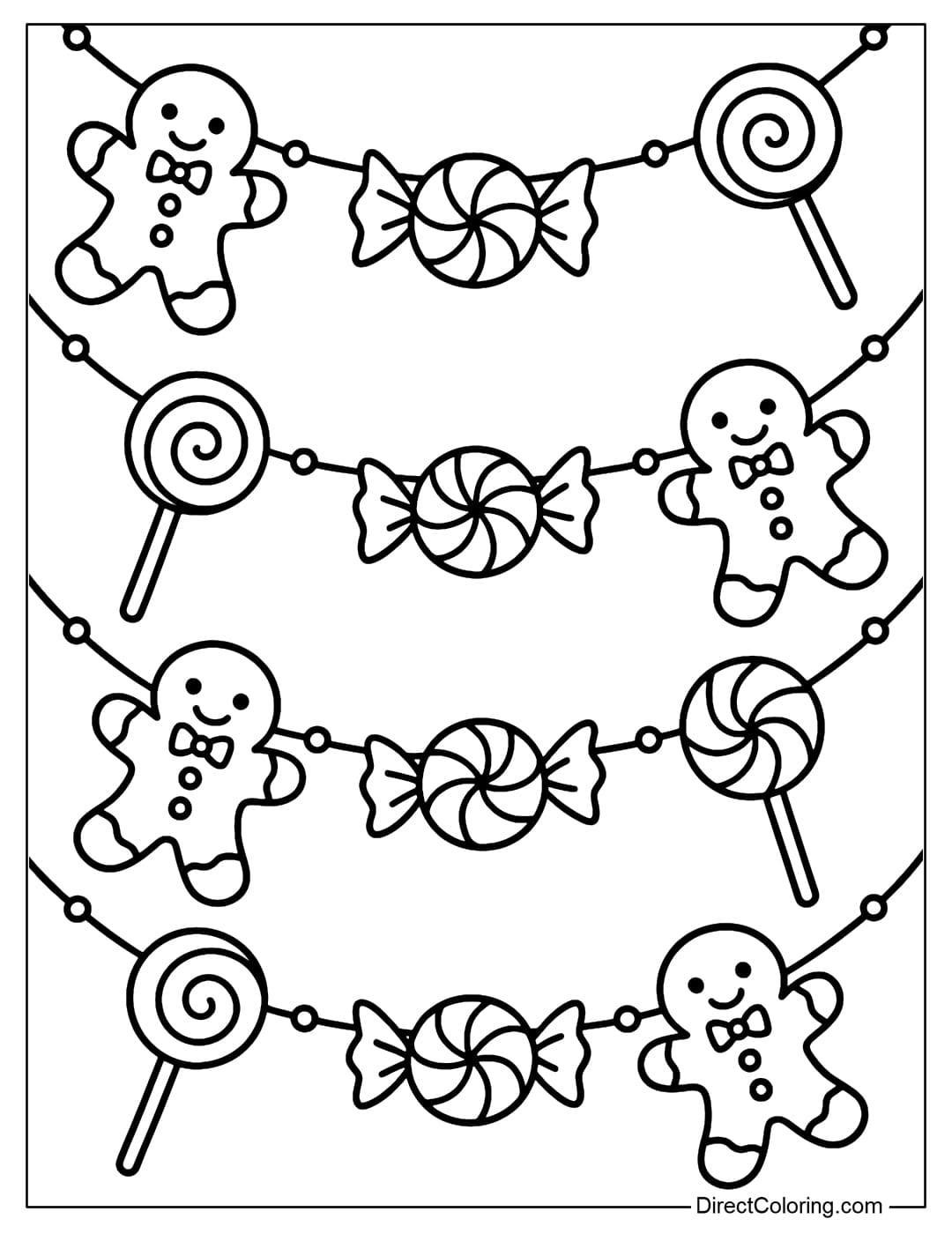 A gingerbread man hanging color page with twist candy and lollipop.