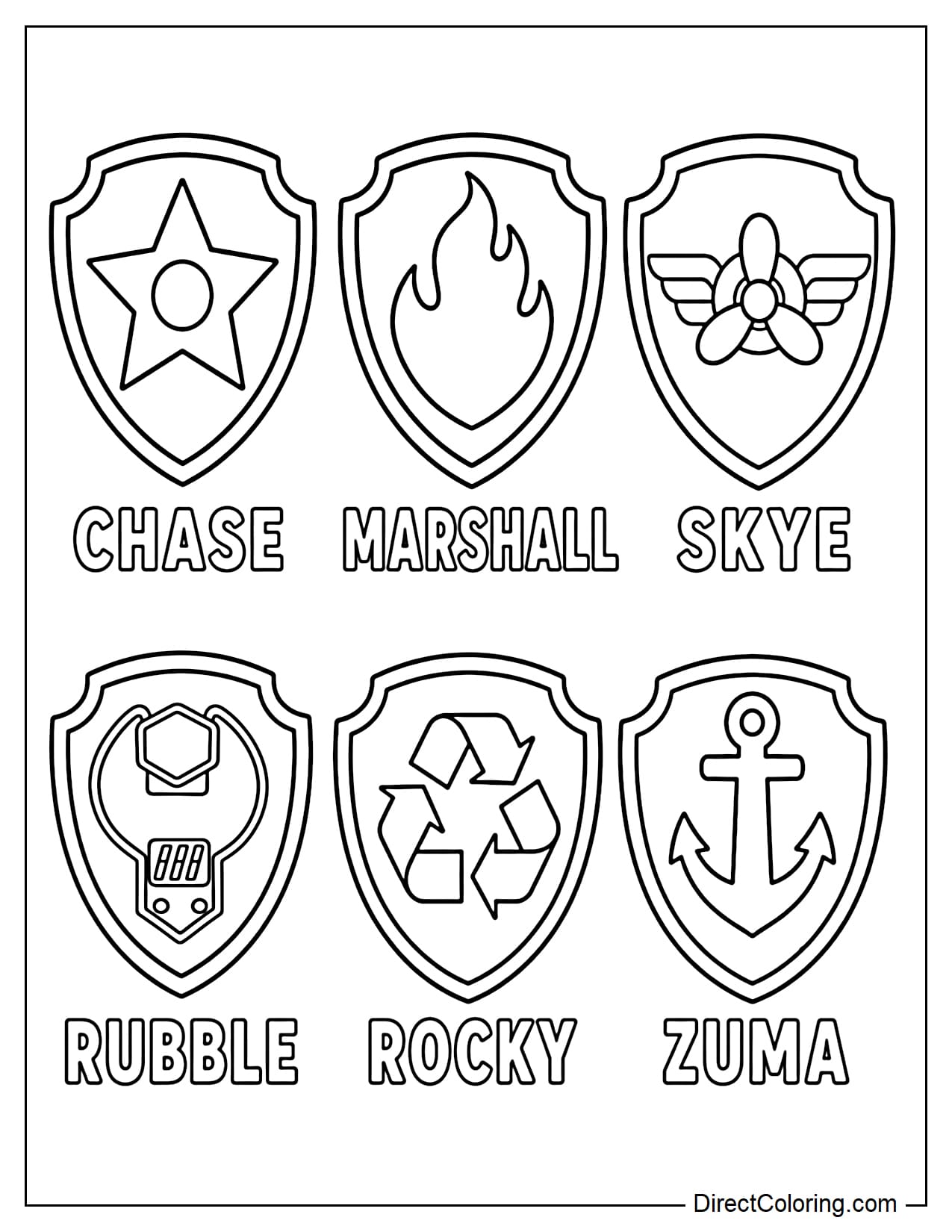 A collection of the six signature badges for Chase, Marshall, Skye, Rubble, Rocky, and Zuma is neatly arranged in two rows, with each character's name below.