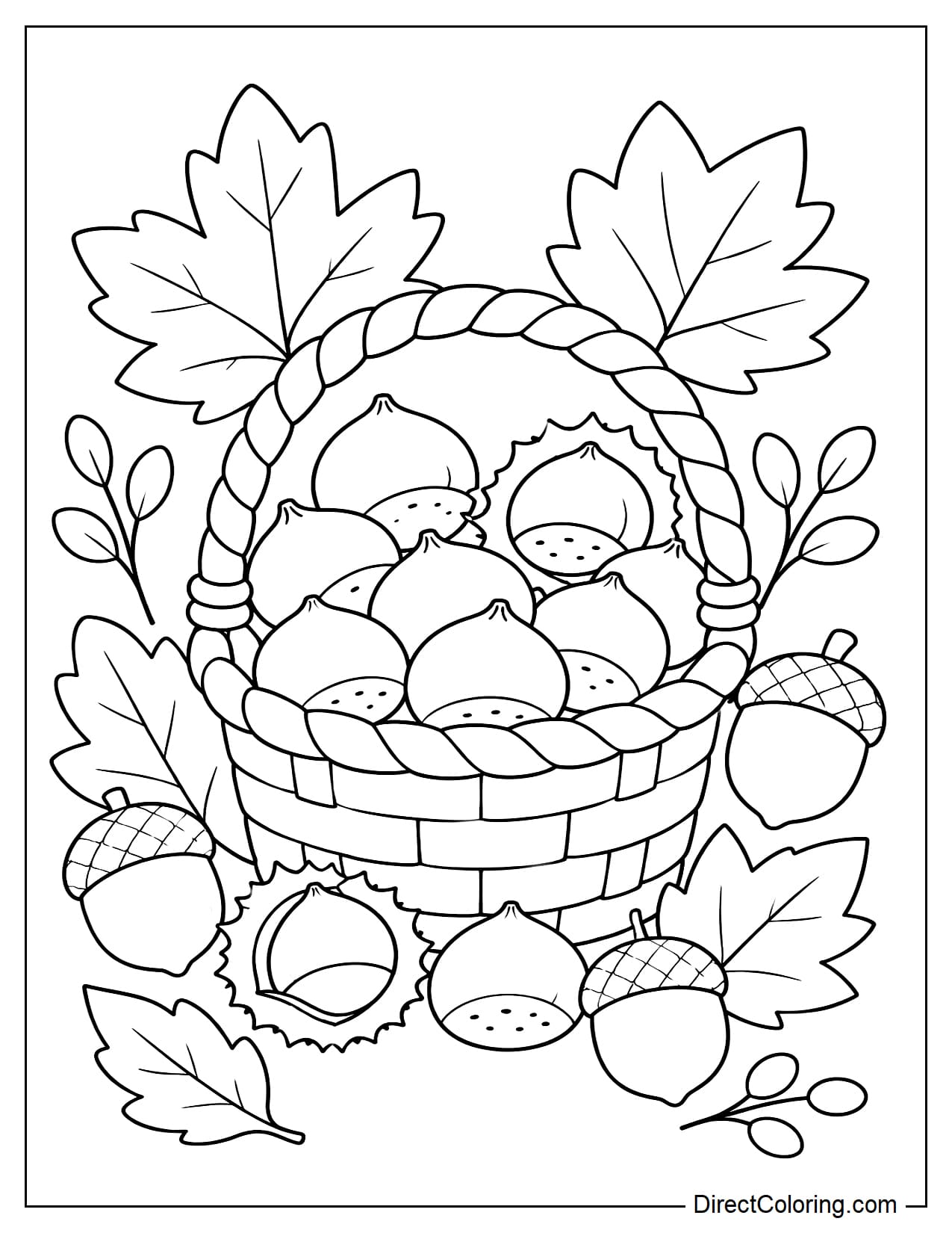 A small basket filled with autumn acorns, surrounded by large maple leaves, simple branches, and several cute acorns arranged as a seasonal collection.