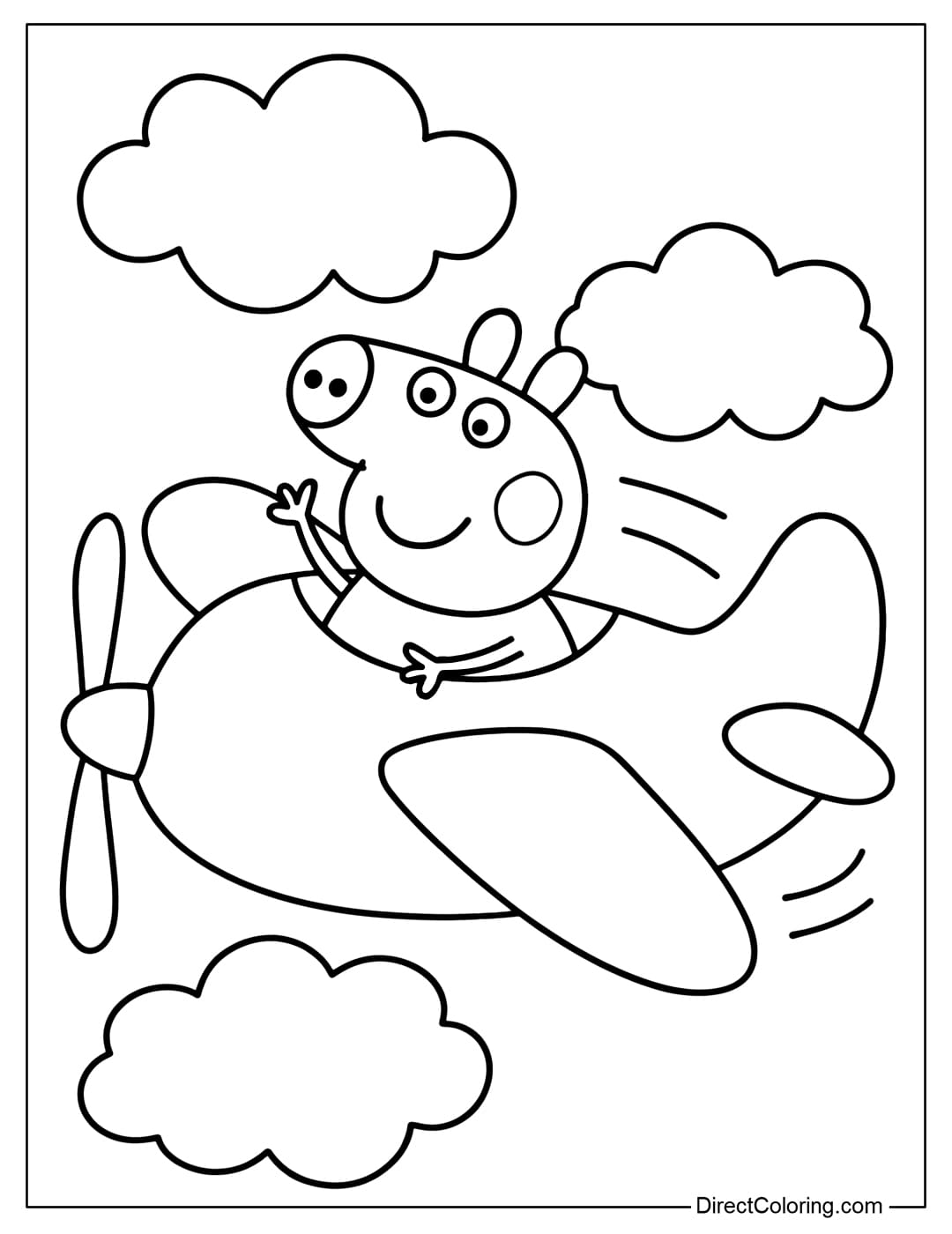 Coloring page Peppa Pig sitting in a propeller plane, waving her hands happily.