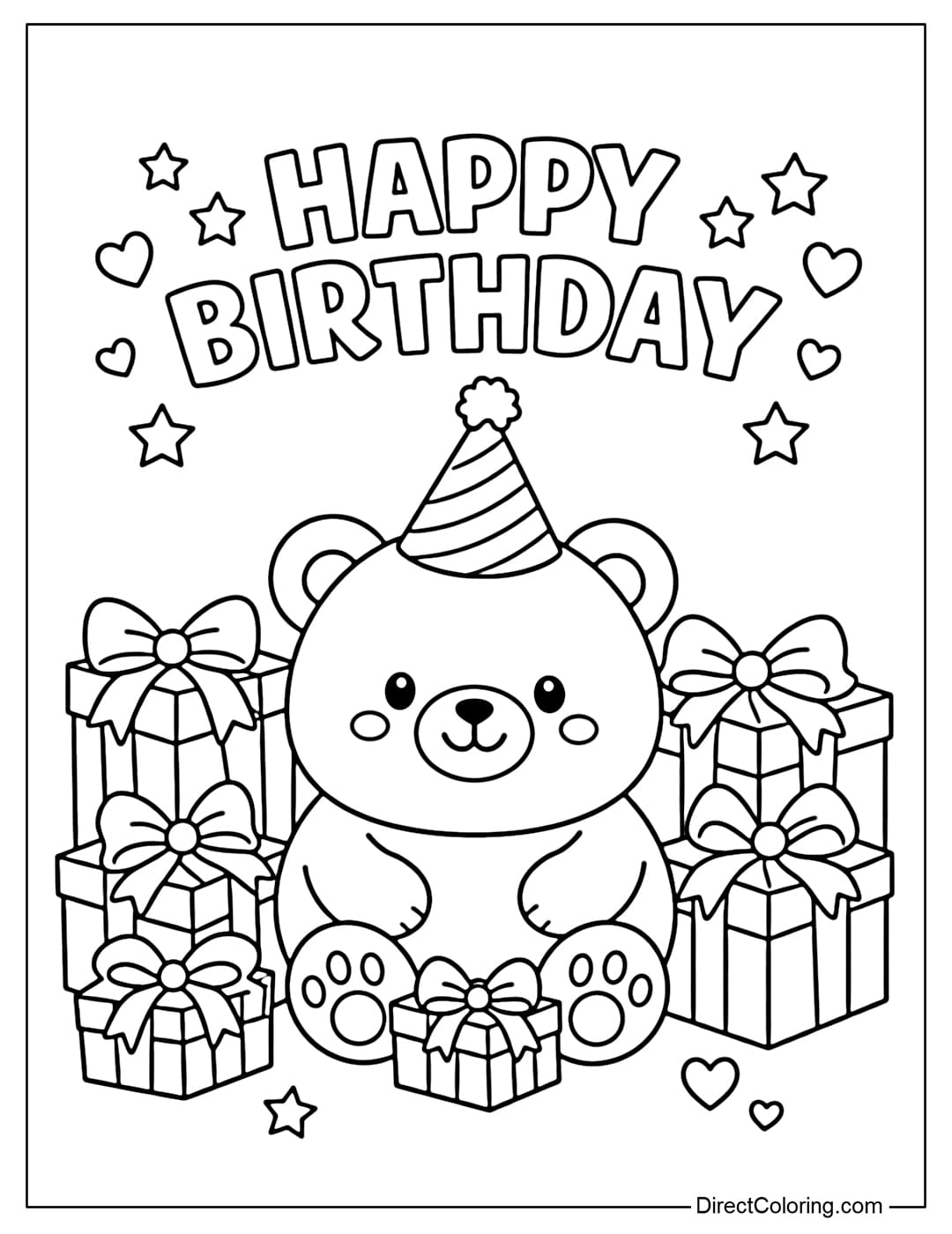 Coloring page of a bear sitting among many birthday gift boxes. Above is the text 