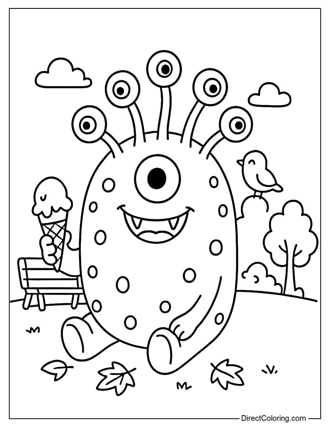 A monster with eight long stalks growing on its head, each stalk with an eye, sitting in the park, holding an ice cream stick.