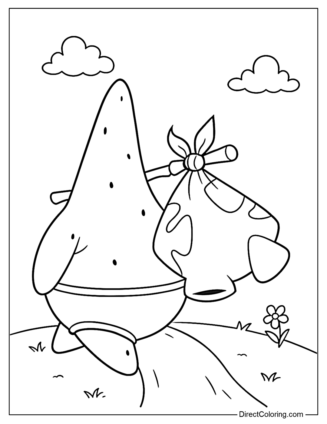 Coloring Page of Patrick Star walks away in his underwear with a bundle tied to a stick over his shoulder, following a winding path under a peaceful sky.