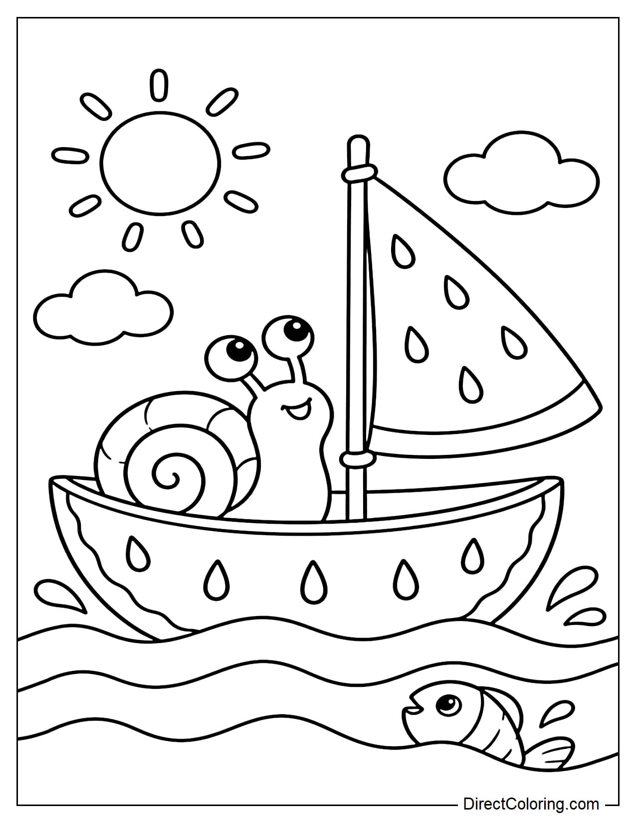 A cute snail sitting in a small watermelon sailboat, looking up at the sail while a little fish pokes its head out of the water below.
