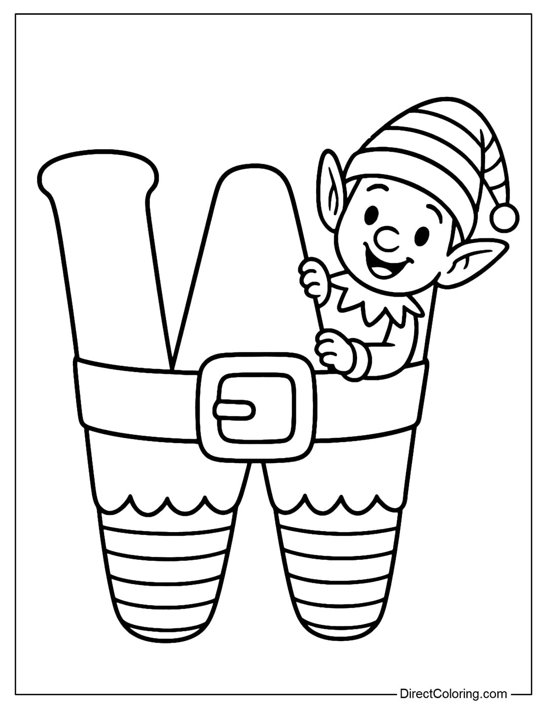 The Letter W Christmas coloring page has stripes at the bottom of the letter, and a belt with a gold buckle in the middle, like a Santa elf's outfit. Behind the right side of the letter W is a naughty little elf.