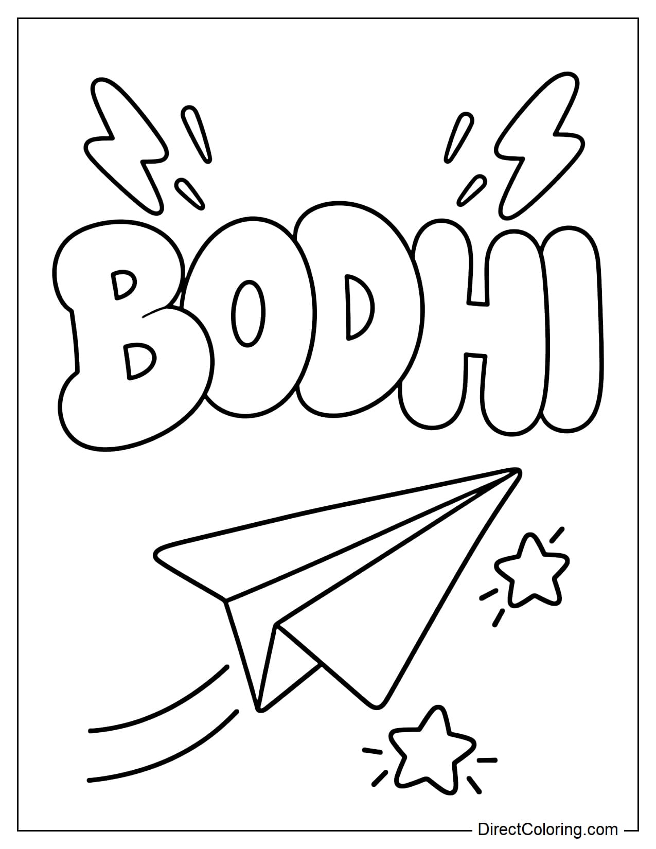 The name BODHI appears in large bubble letters, with two simple rounded lightning bolts on each side, and below it a large paper airplane flying diagonally with a few stars around it.