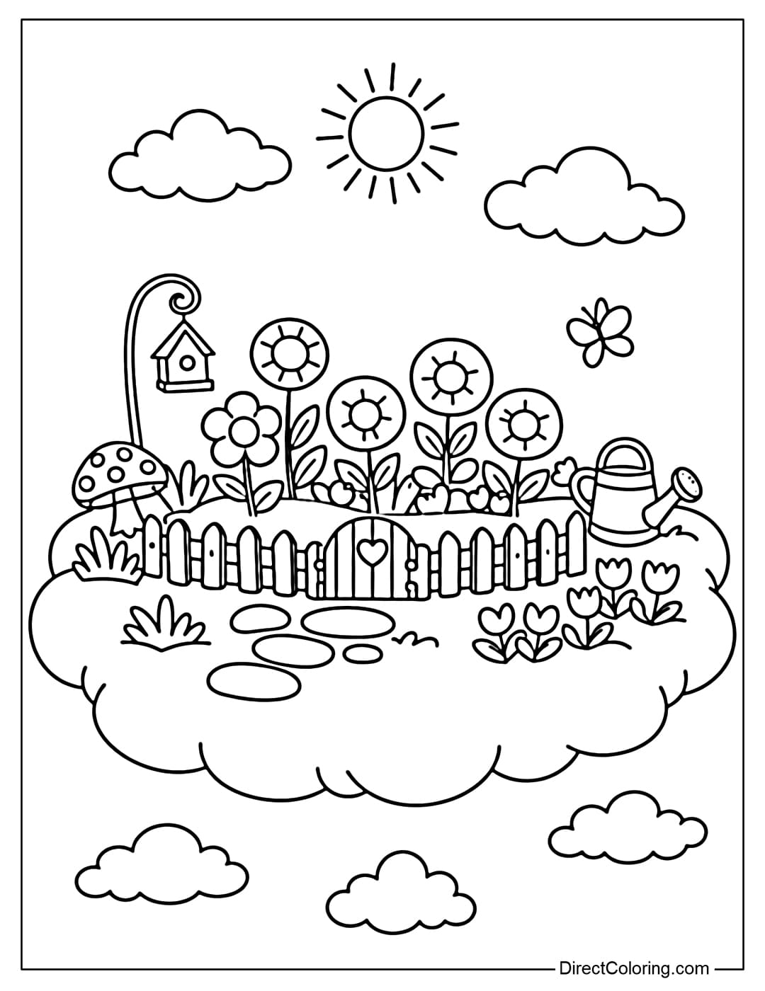 A coloring page of a small garden on a cloud with a few round flowers and a cute low fence.