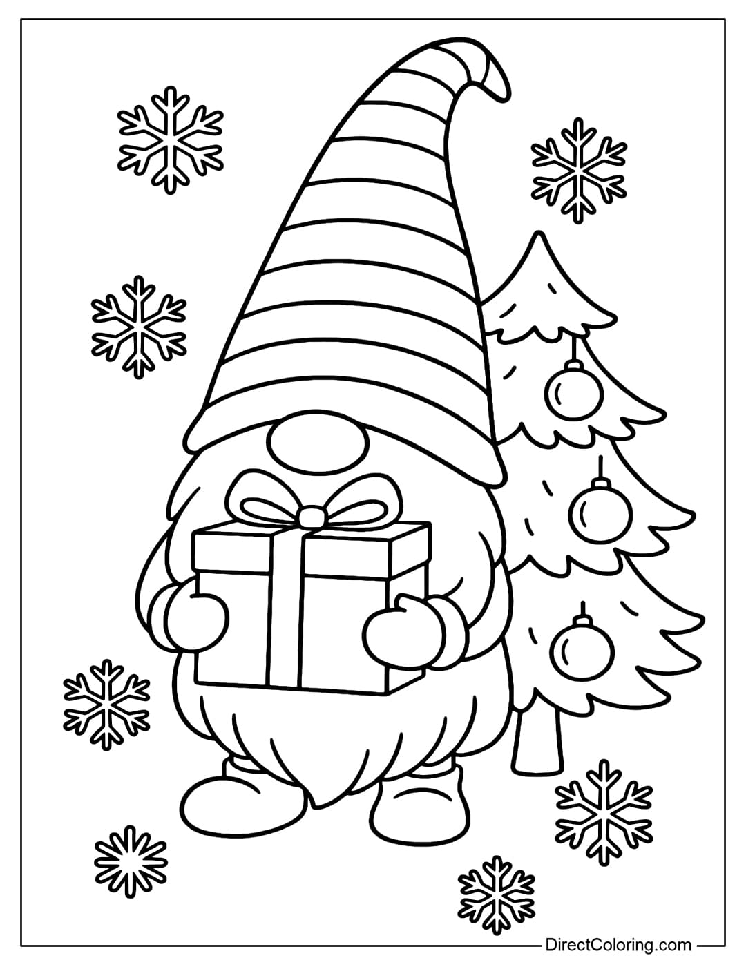 A coloring page featuring a Christmas gnome holding a large gift box, with a small Christmas tree and some ornaments behind it.