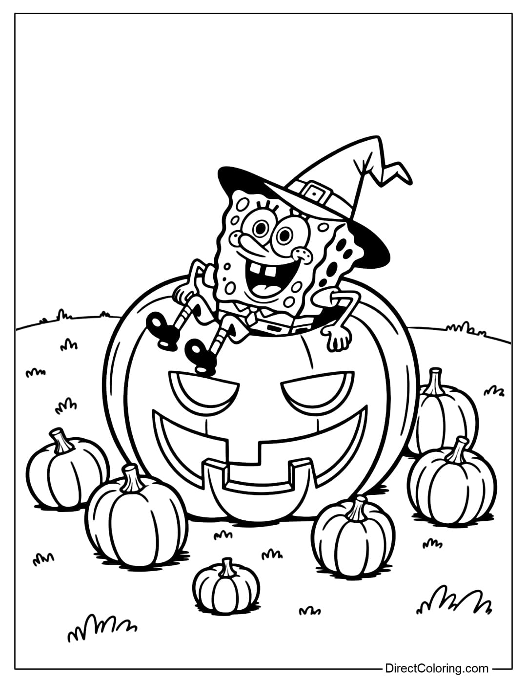 Coloring page SpongeBob comes out of a giant pumpkin, wearing a Halloween witch hat on his head, with a few small pumpkins next to him.
