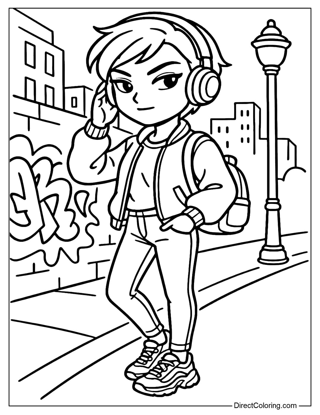 Coloring page of a tomboyish short-haired girl with a mini backpack. One hand is in her pocket, the other hand is wearing modern headphones.