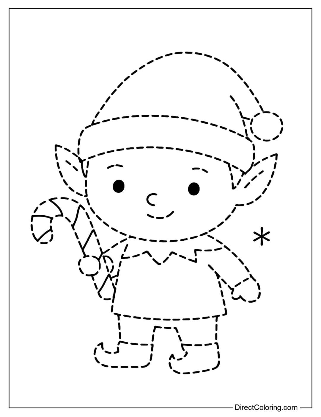A chibi elf Noel tracing coloring page holding a candy cane.