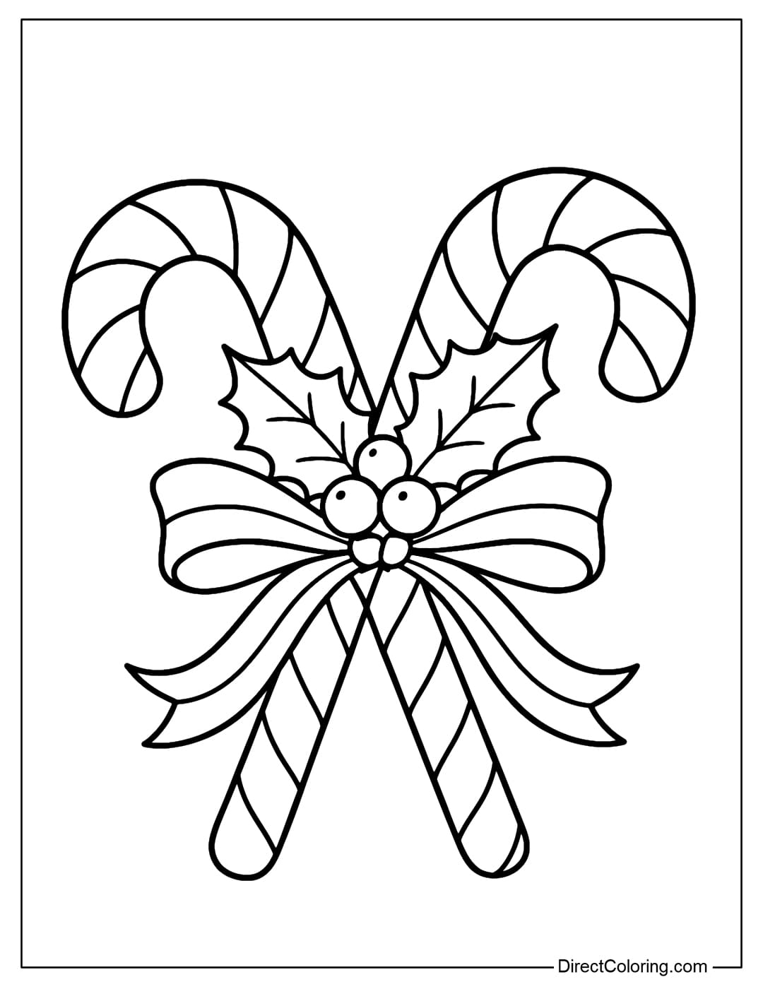 Coloring page of two candy canes crossed over each other, with a dark green holly leaf and a bunch of red berries in the middle.