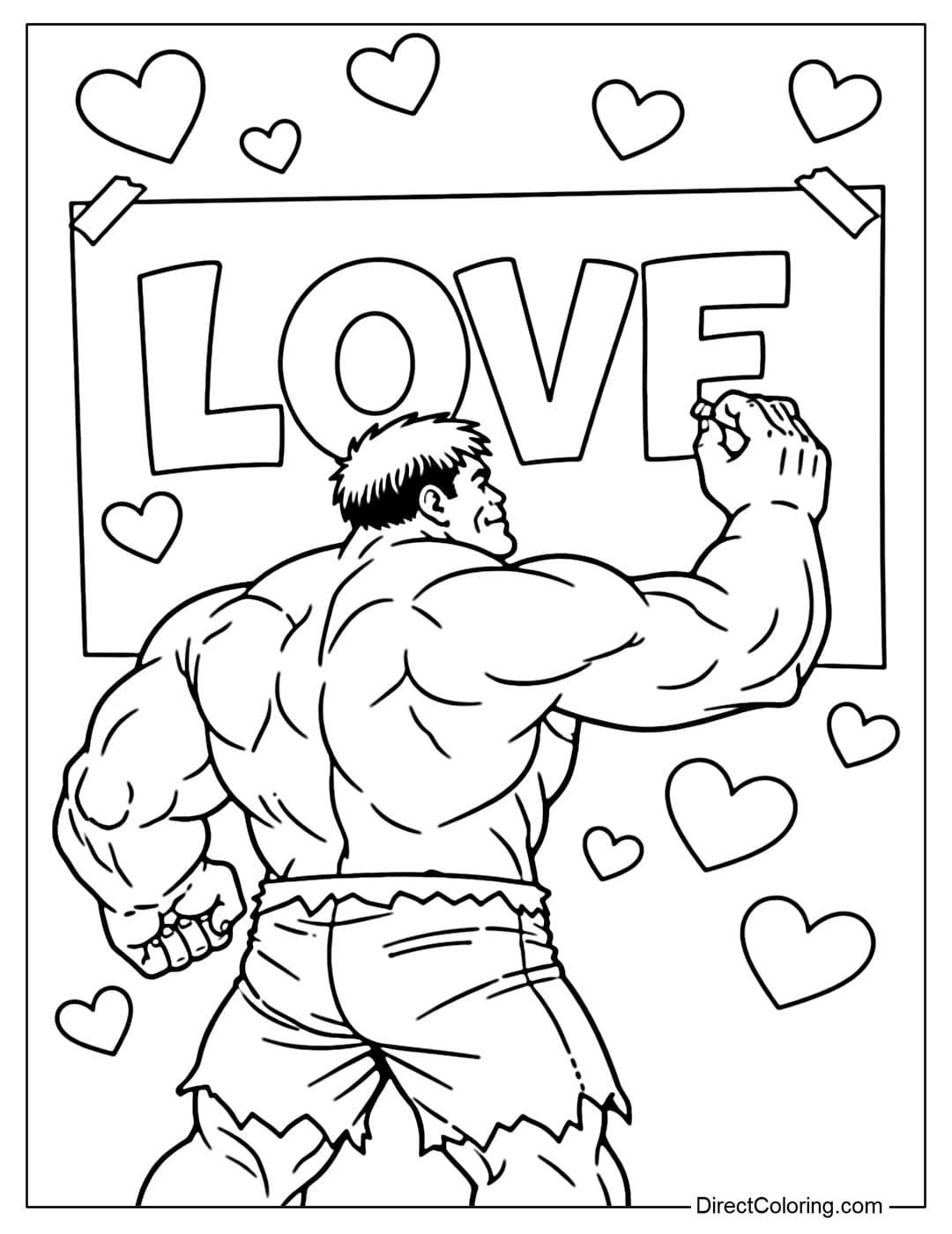 This coloring page shows a Hulk writing the word LOVE in large letters on a board or piece of paper, surrounded by flying hearts.