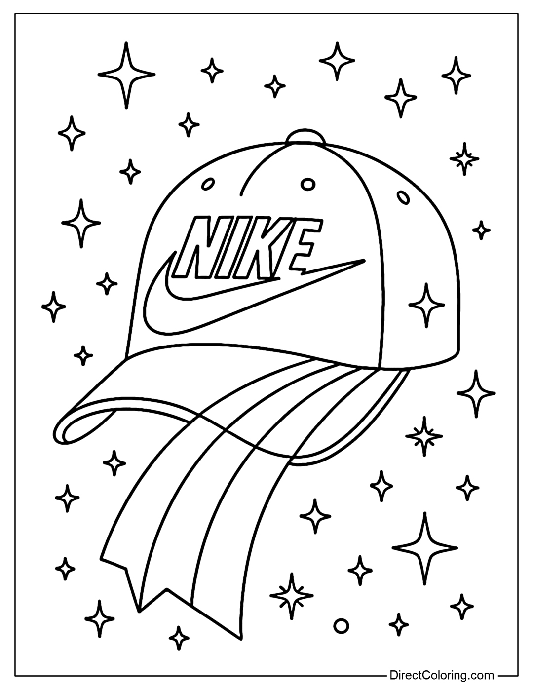 A glowing Nike cap coloring page with small stars rotating around it, and a rainbow visor that curves like a shooting star's tail.